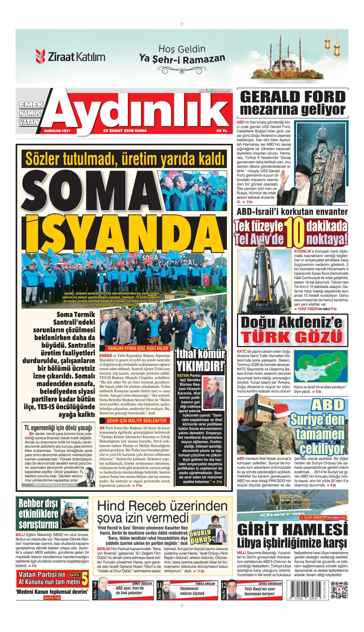 AYDINLIK GAZETESİ gazetesinin 20 Şubat 2026 tarihli birinci sayfası