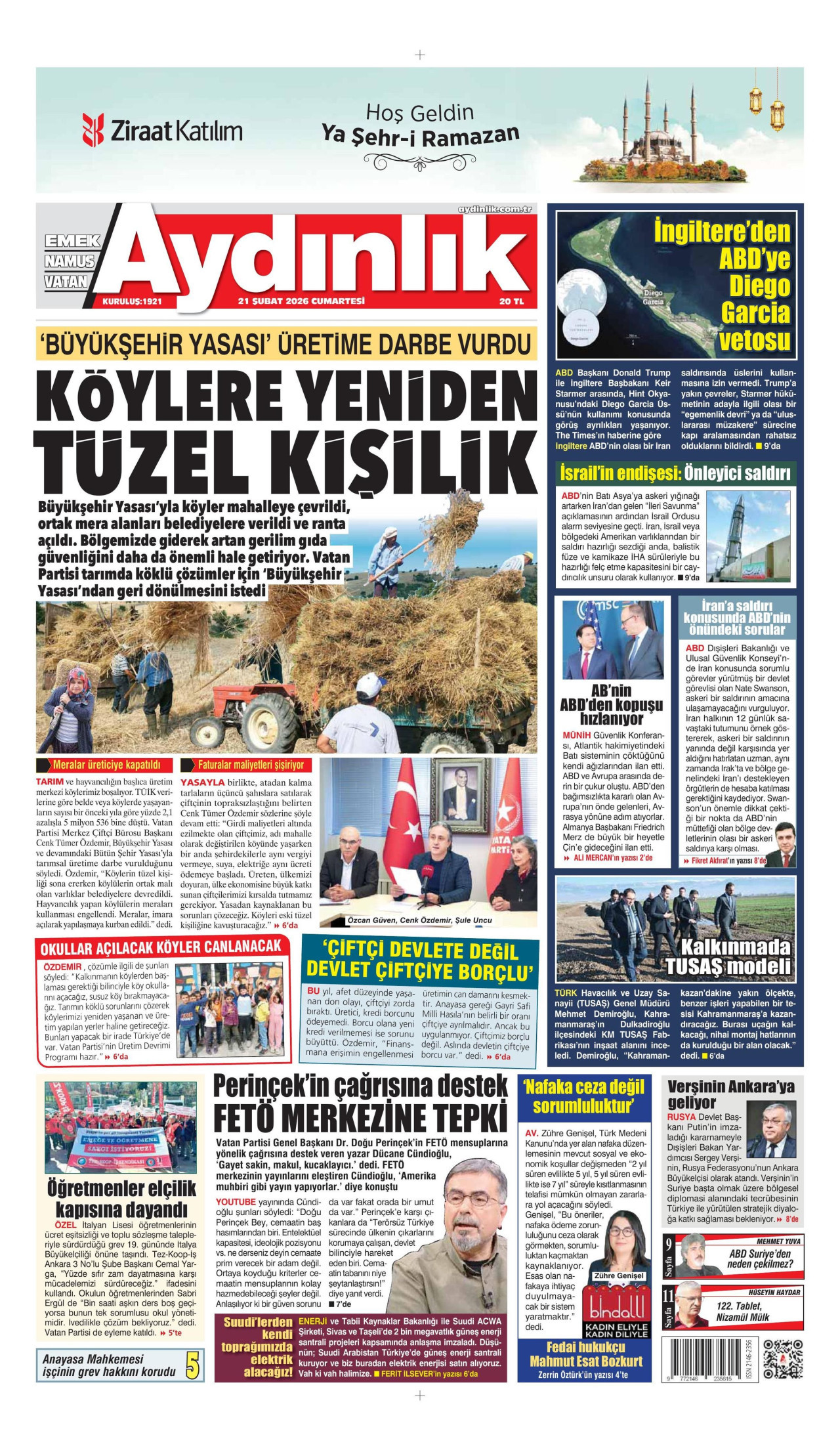 AYDINLIK GAZETESİ gazetesinin 21 Şubat 2026 tarihli birinci sayfası