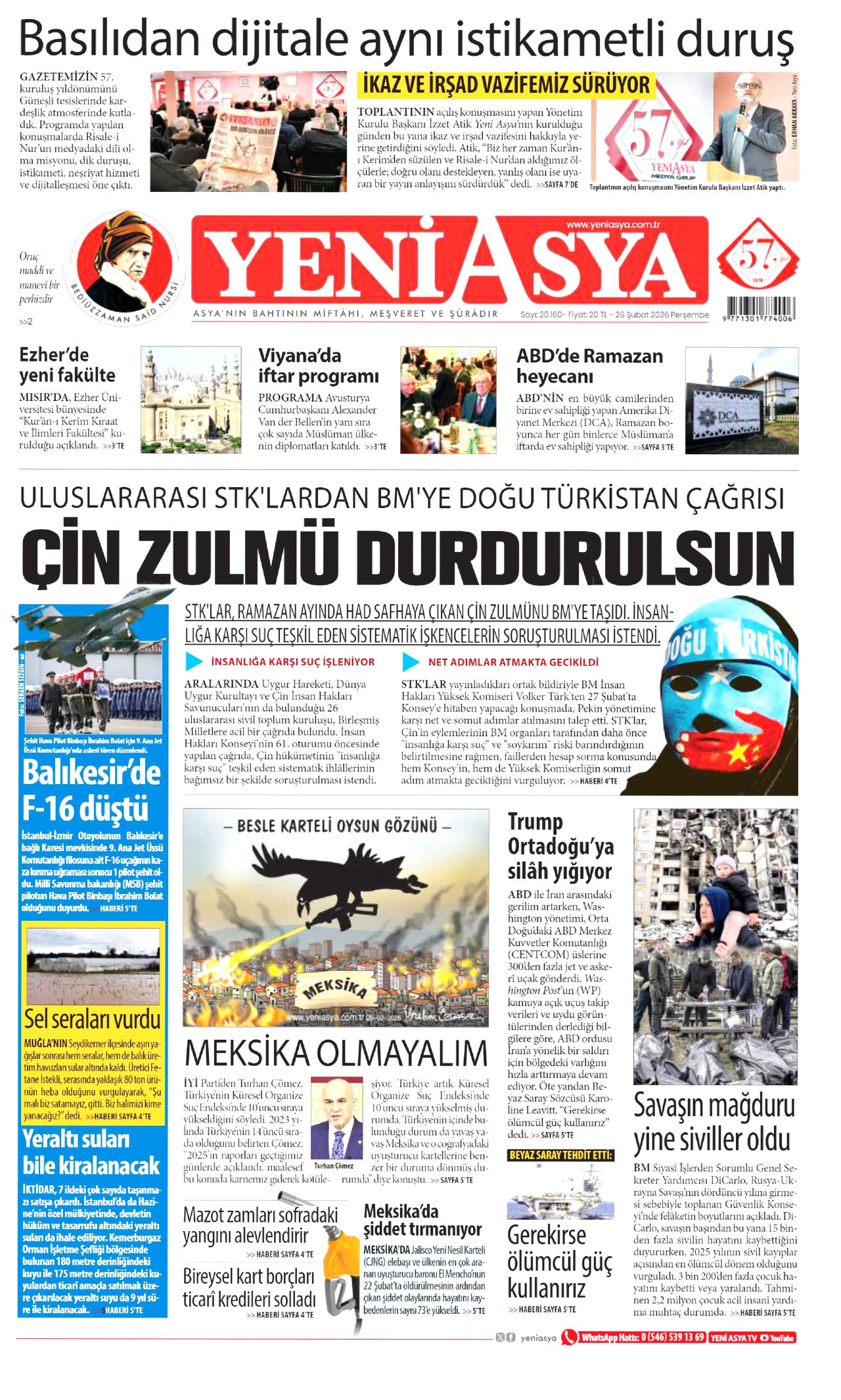 YENİ ASYA gazetesinin 26 Şubat 2026 tarihli birinci sayfası