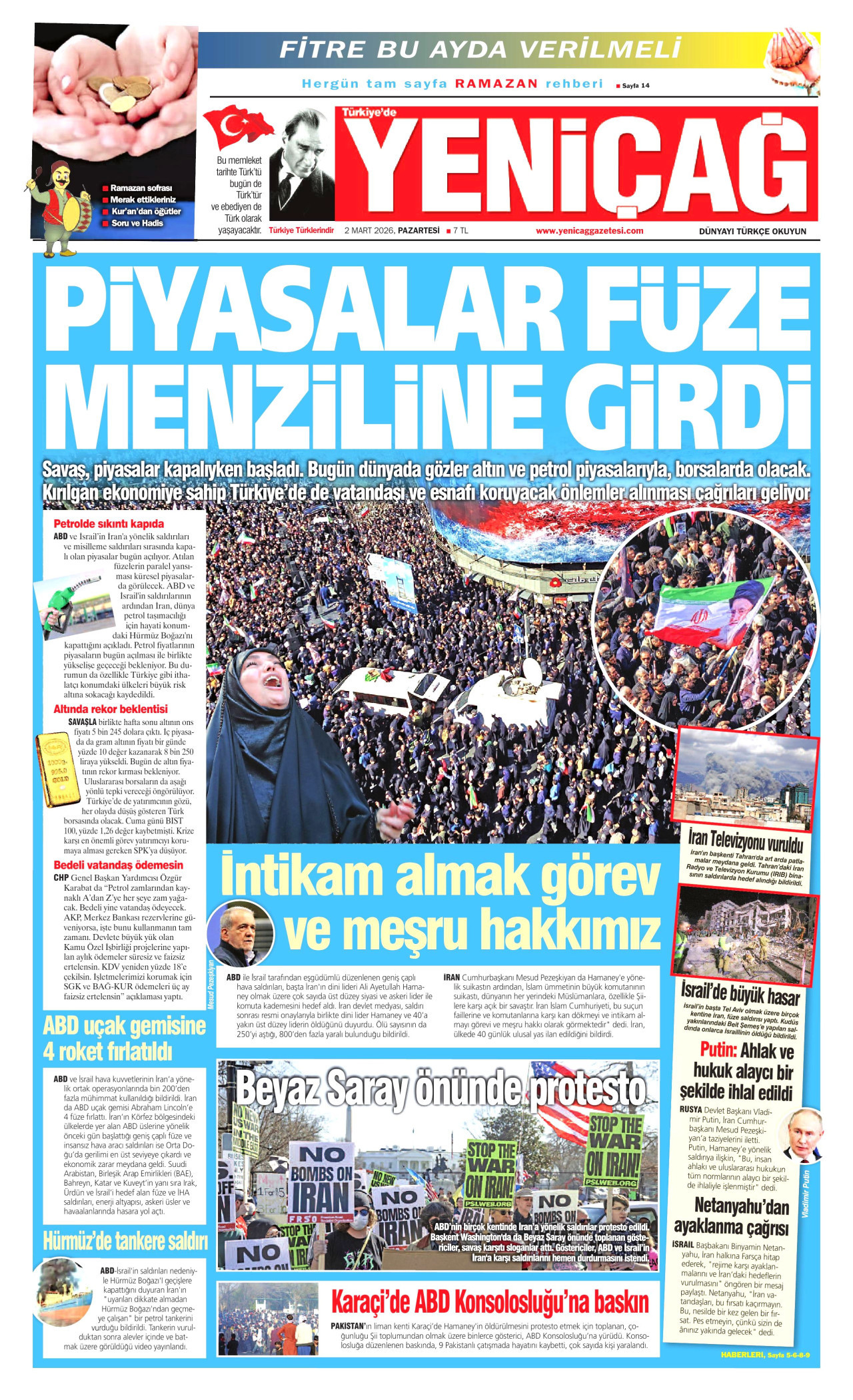 YENİÇAĞ gazetesinin 2 Mart 2026 tarihli birinci sayfası