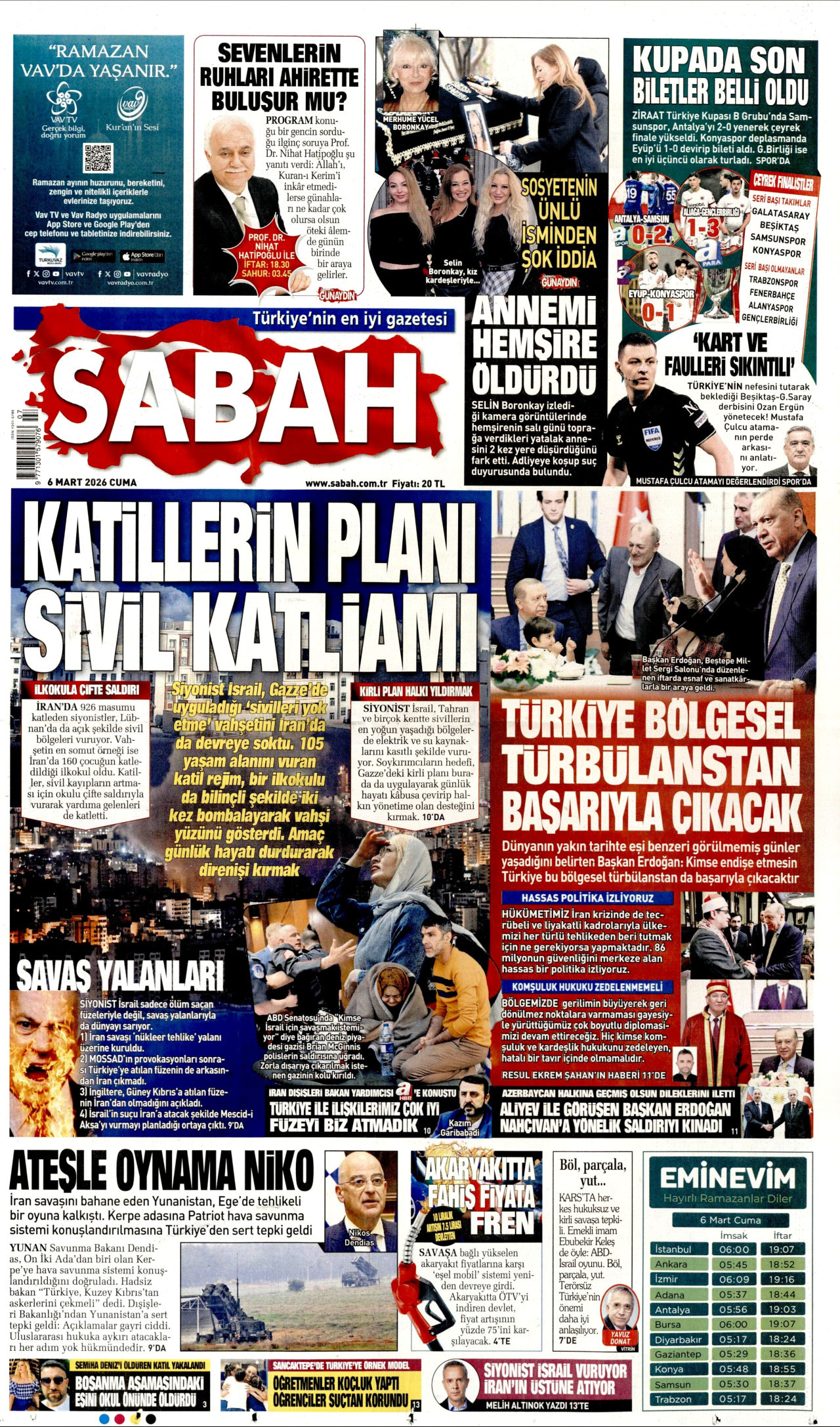 SABAH gazetesinin 6 Mart 2026 tarihli birinci sayfası