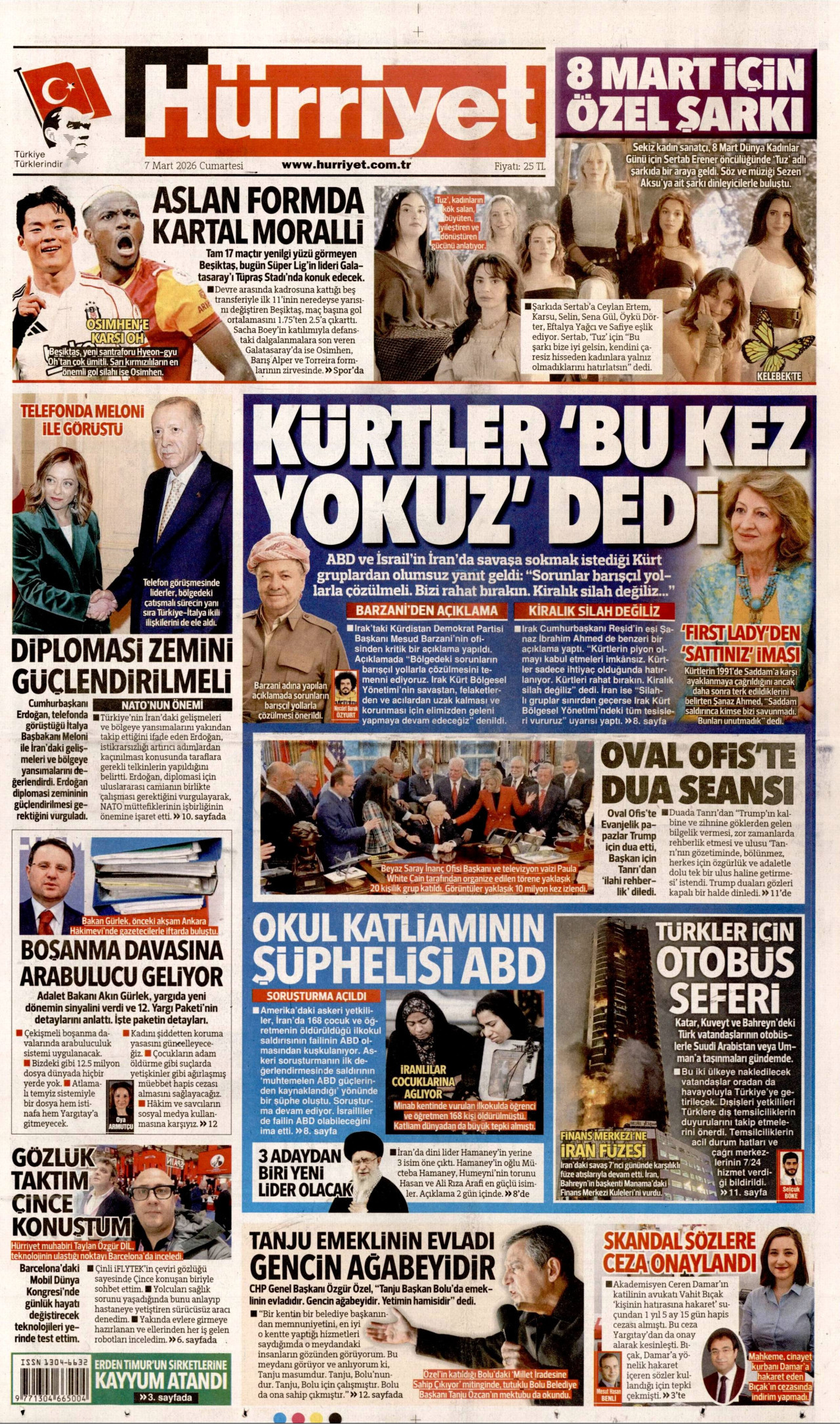 HÜRRİYET gazetesinin 7 Mart 2026 tarihli birinci sayfası