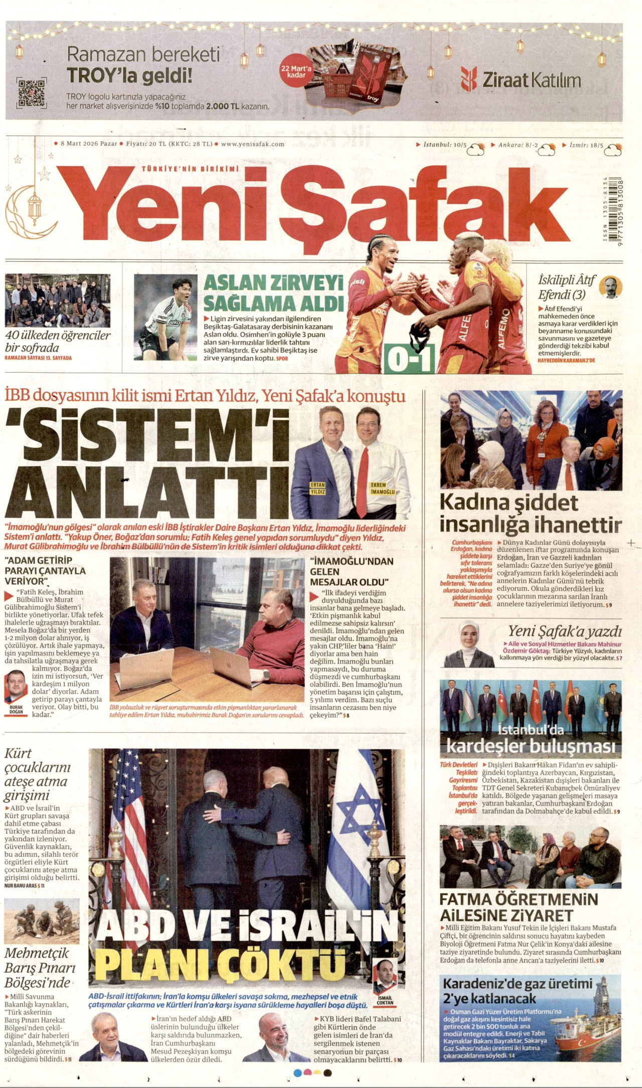 YENİ ŞAFAK gazetesinin 8 Mart 2026 tarihli birinci sayfası