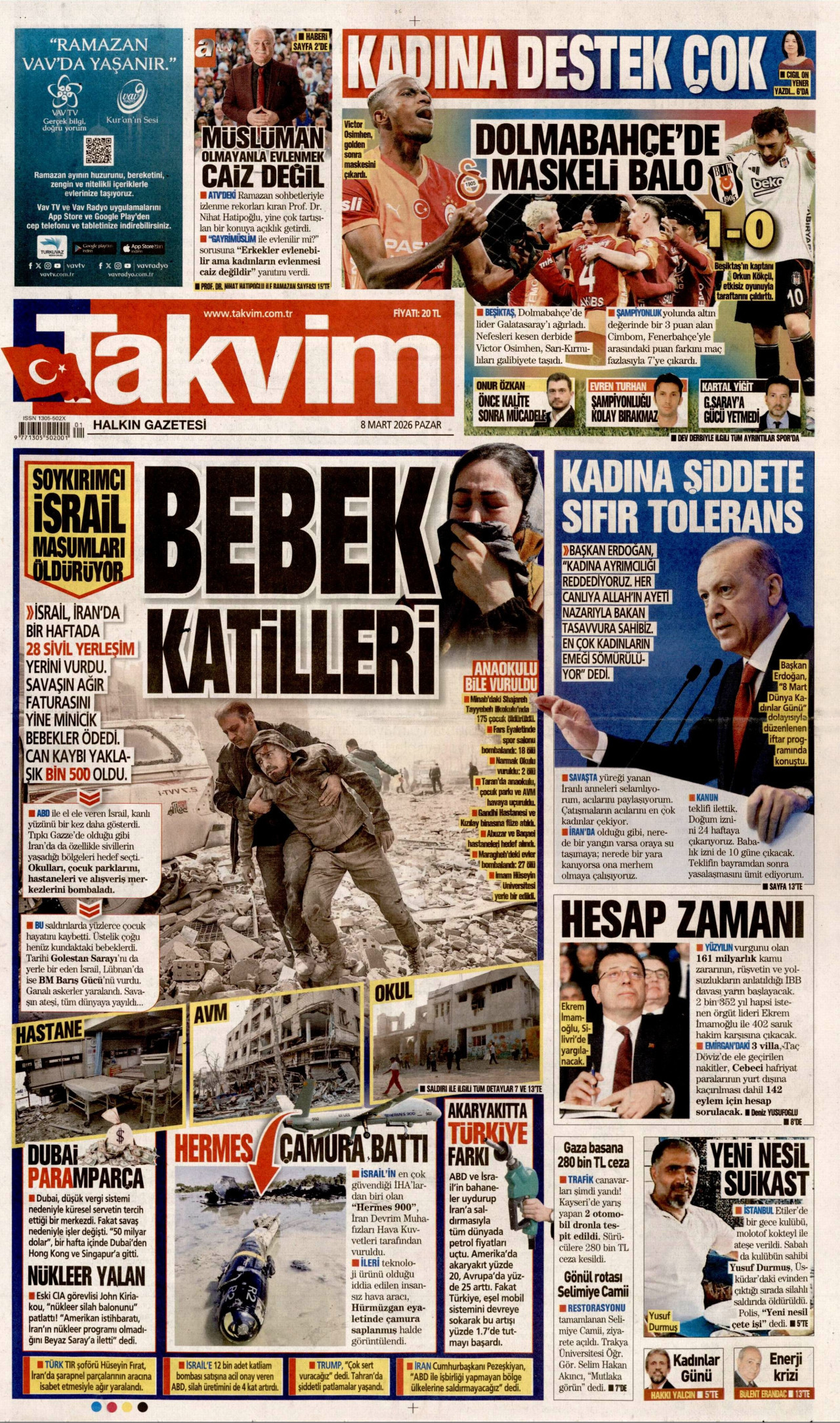 TAKVİM gazetesinin 8 Mart 2026 tarihli birinci sayfası