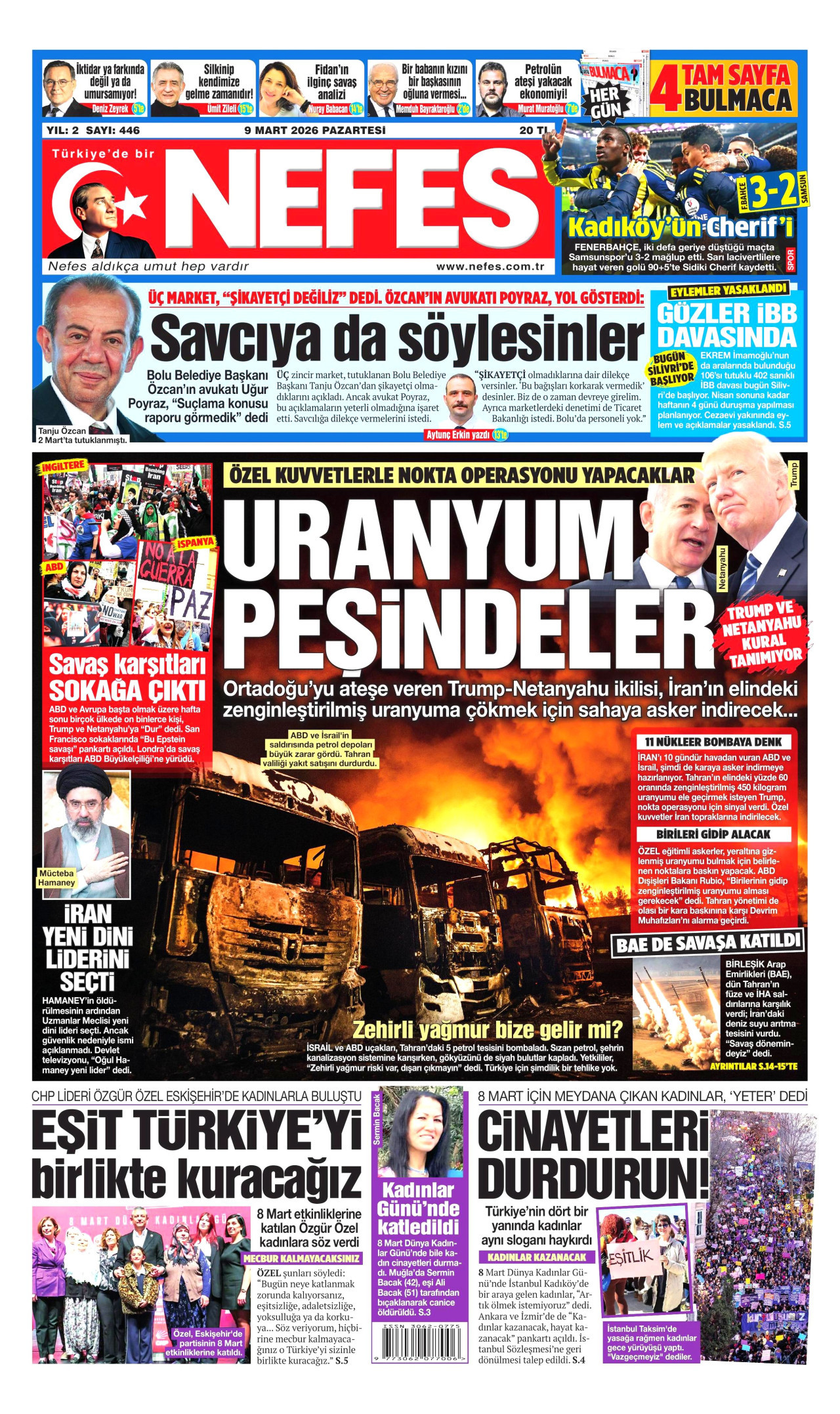 NEFES gazetesinin 9 Mart 2026 tarihli birinci sayfası