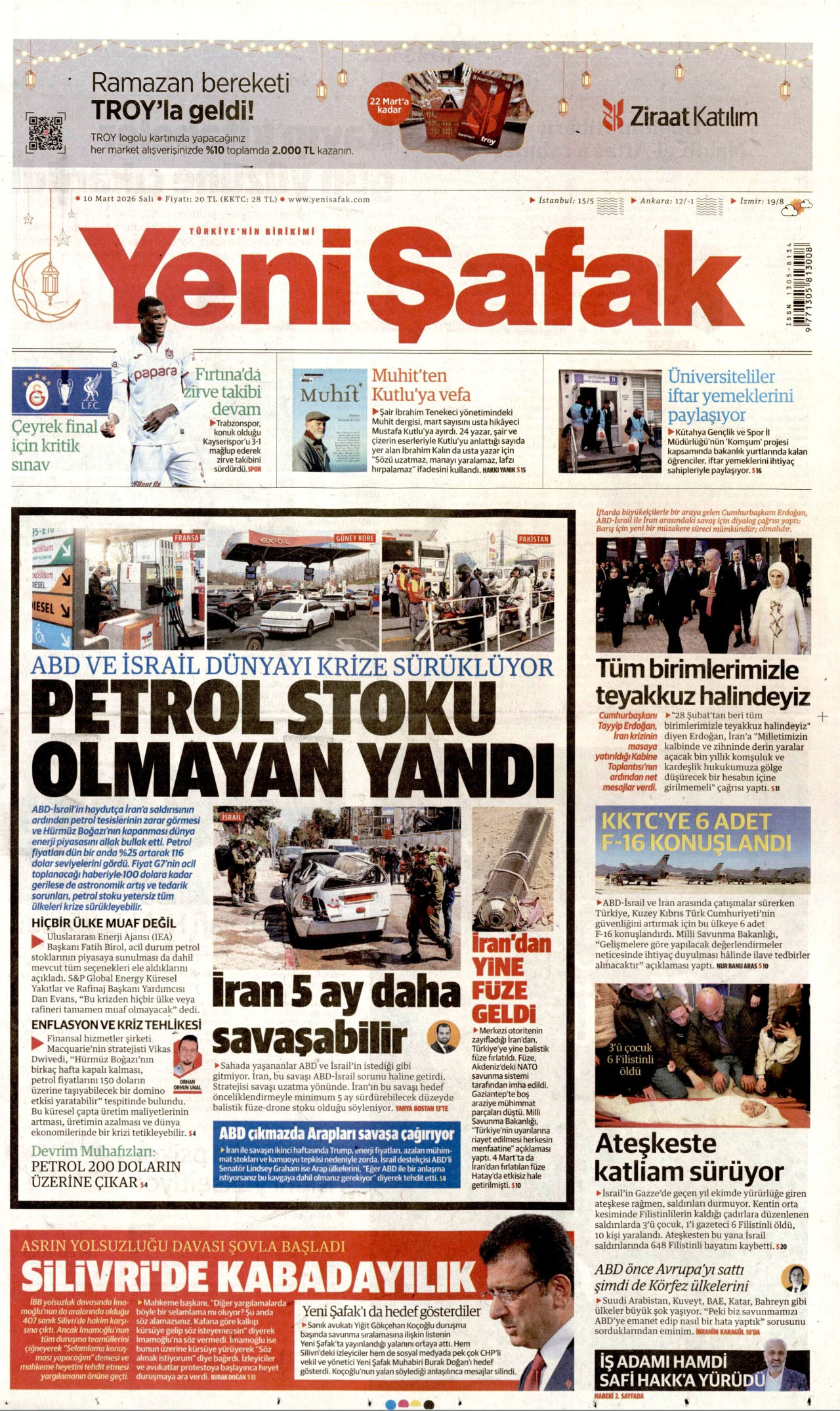 YENİ ŞAFAK gazetesinin 10 Mart 2026 tarihli birinci sayfası