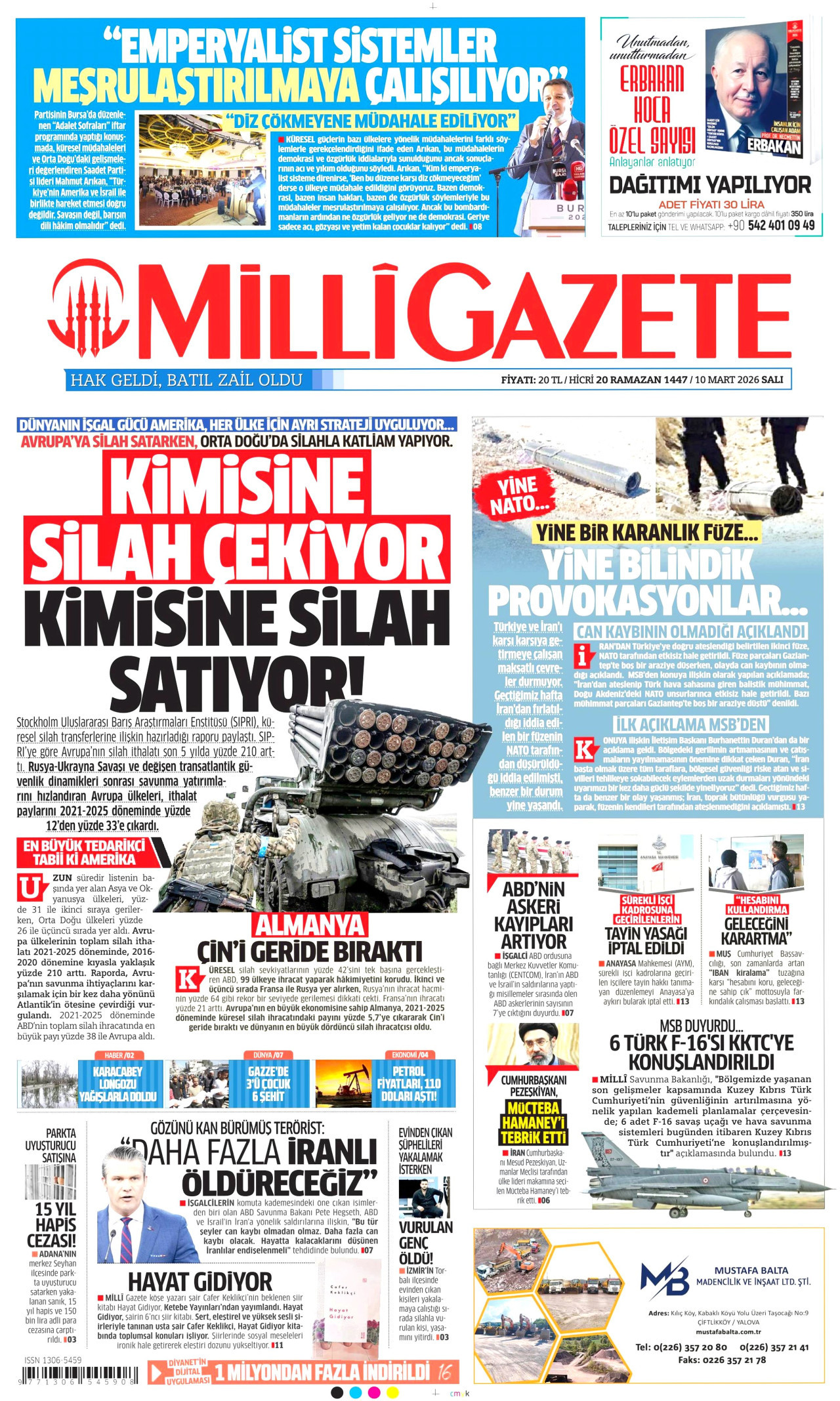MİLLİ GAZETE gazetesinin 10 Mart 2026 tarihli birinci sayfası