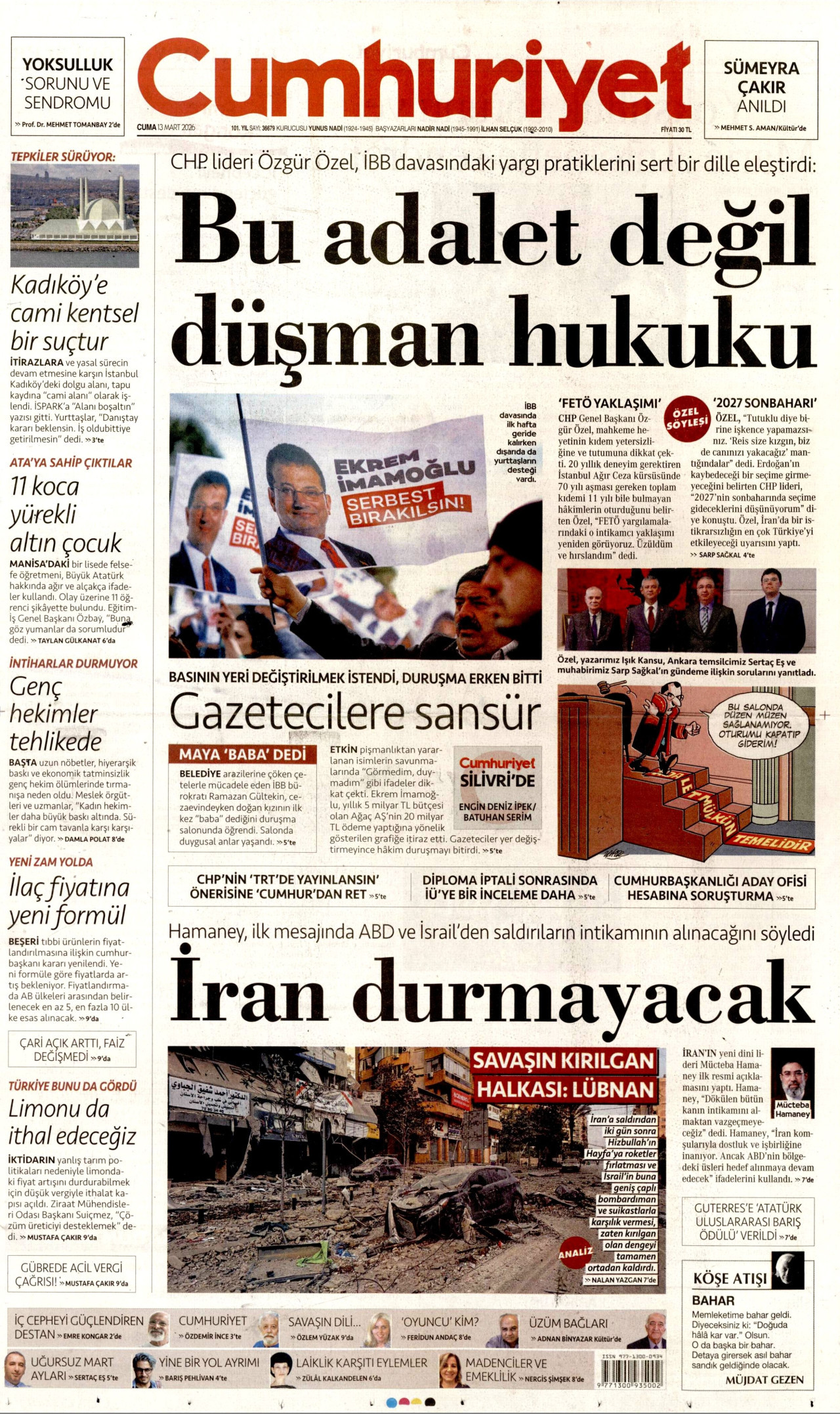 CUMHURİYET gazetesinin 13 Mart 2026 tarihli birinci sayfası