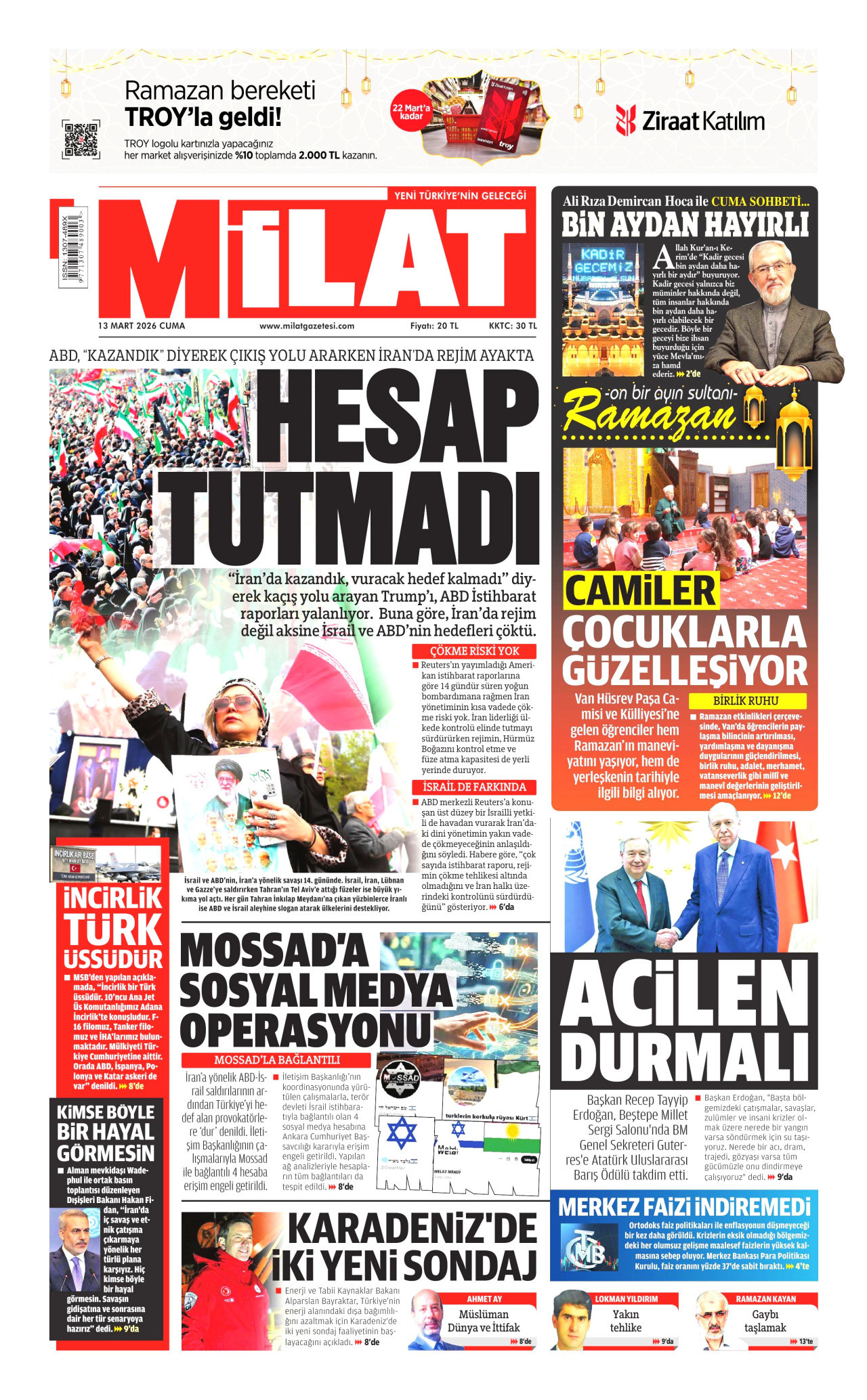 MİLAT gazetesinin 13 Mart 2026 tarihli birinci sayfası