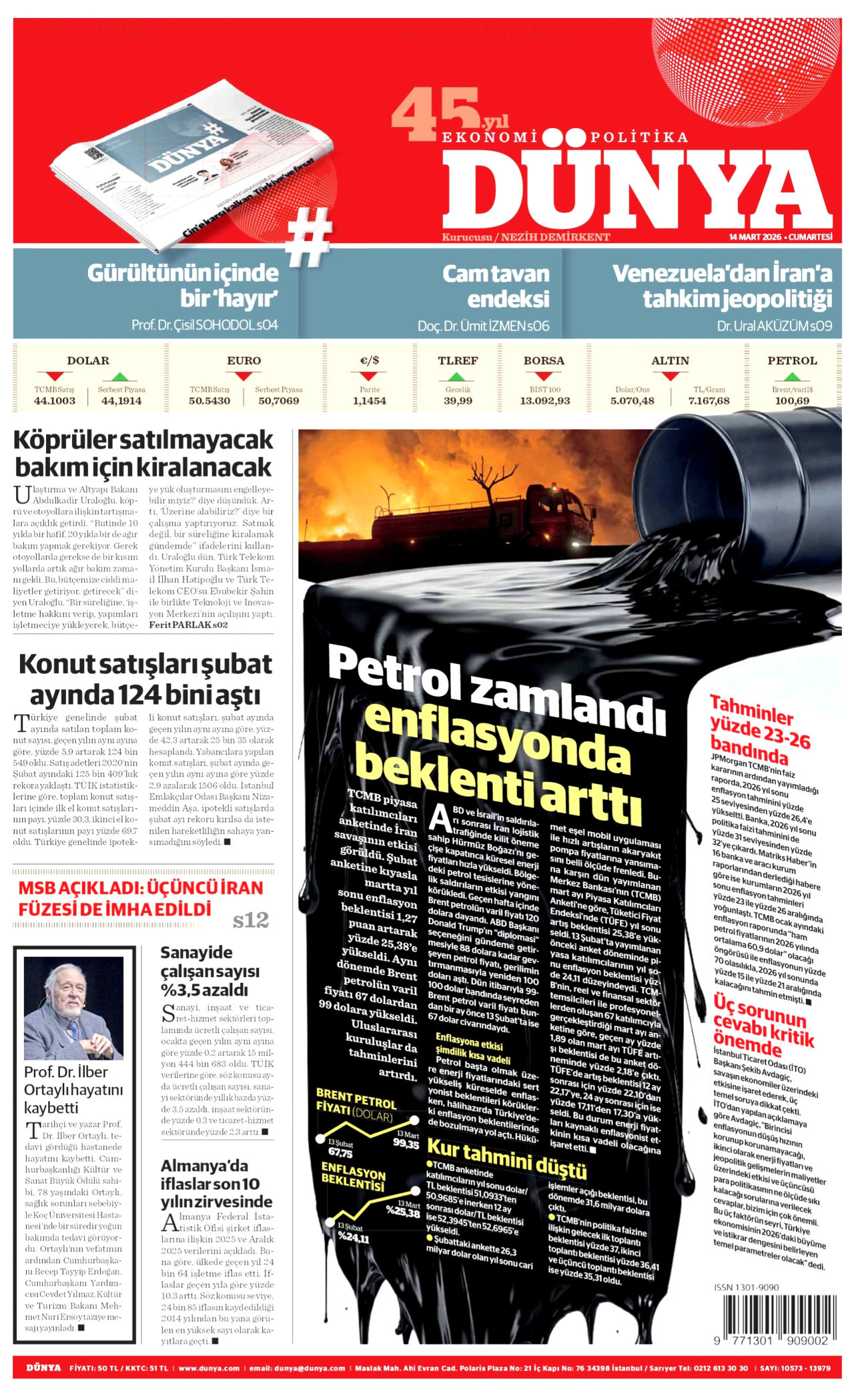 DÜNYA gazetesinin 14 Mart 2026 tarihli birinci sayfası