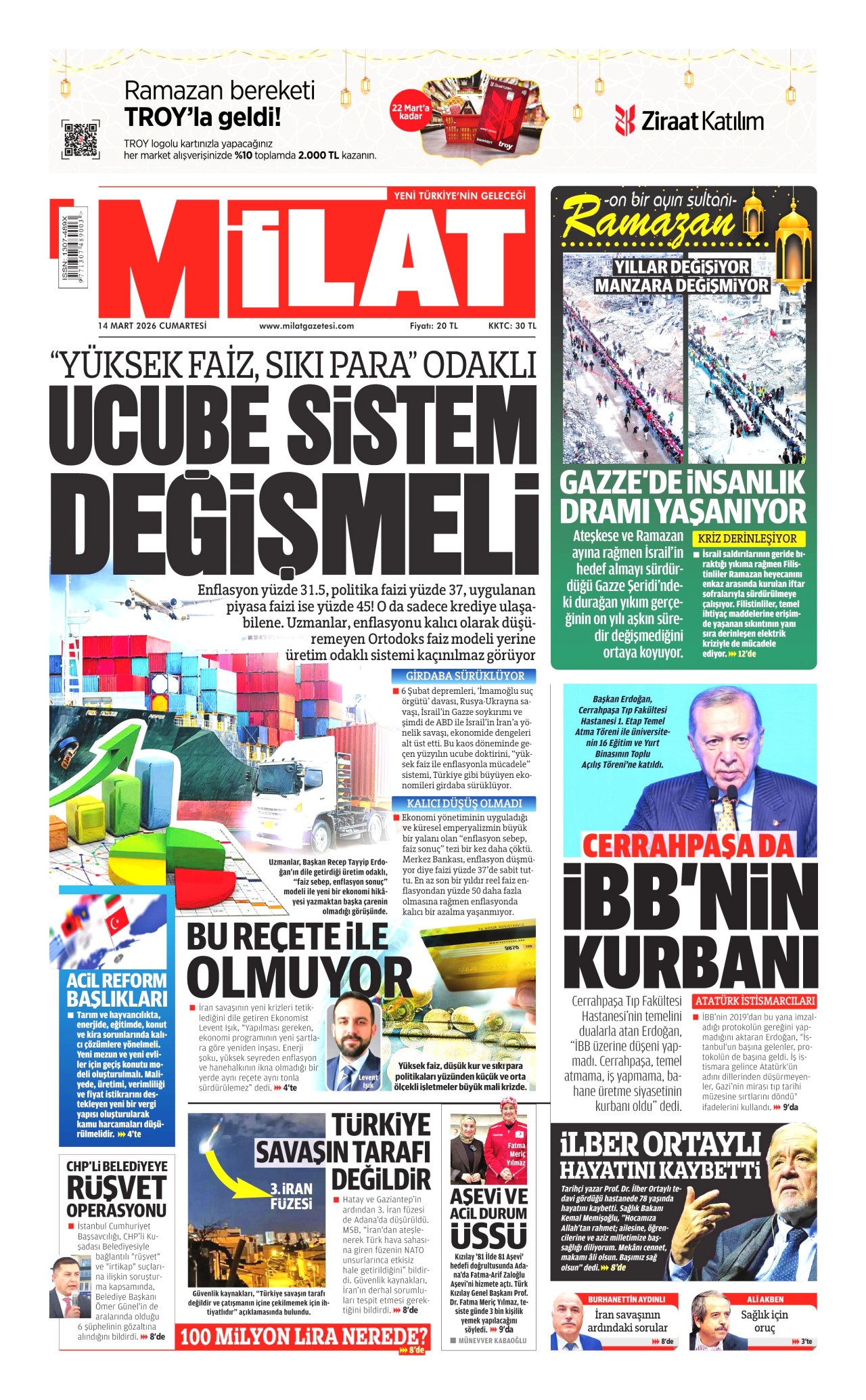 MİLAT gazetesinin 14 Mart 2026 tarihli birinci sayfası