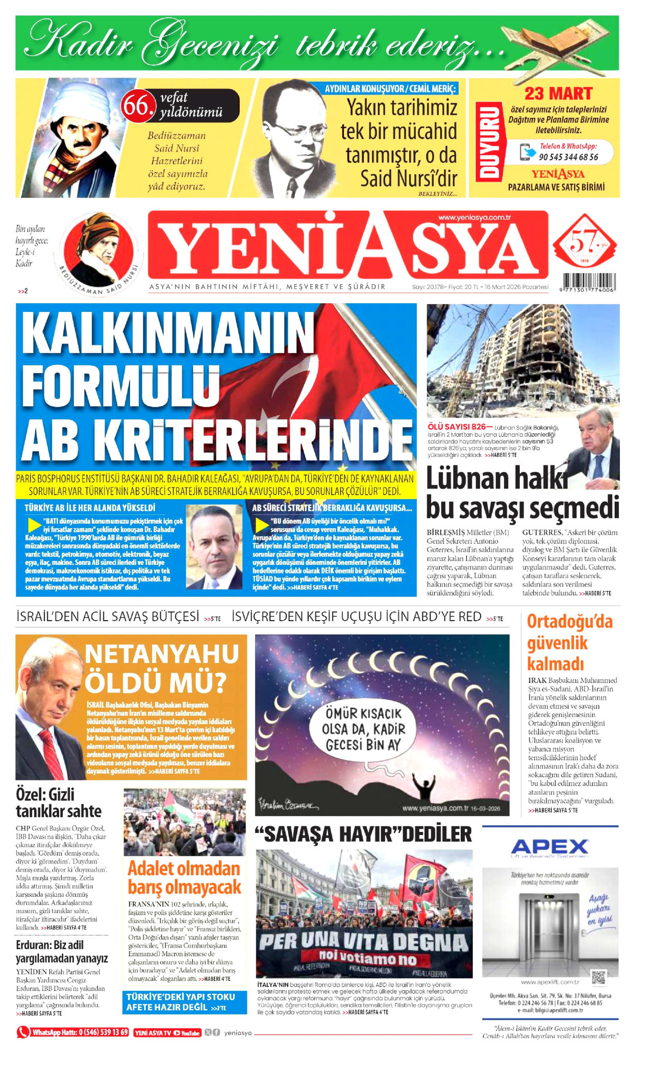 YENİ ASYA gazetesinin 16 Mart 2026 tarihli birinci sayfası