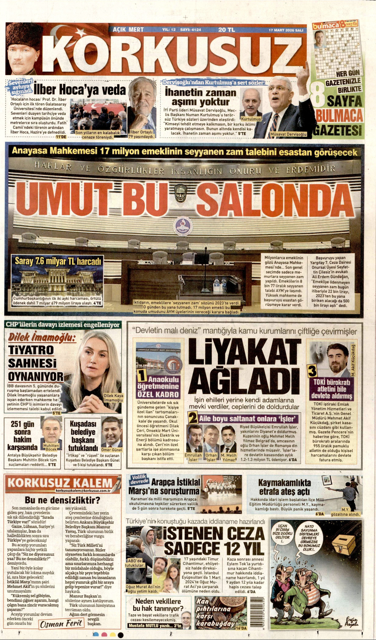 KORKUSUZ gazetesinin 17 Mart 2026 tarihli birinci sayfası