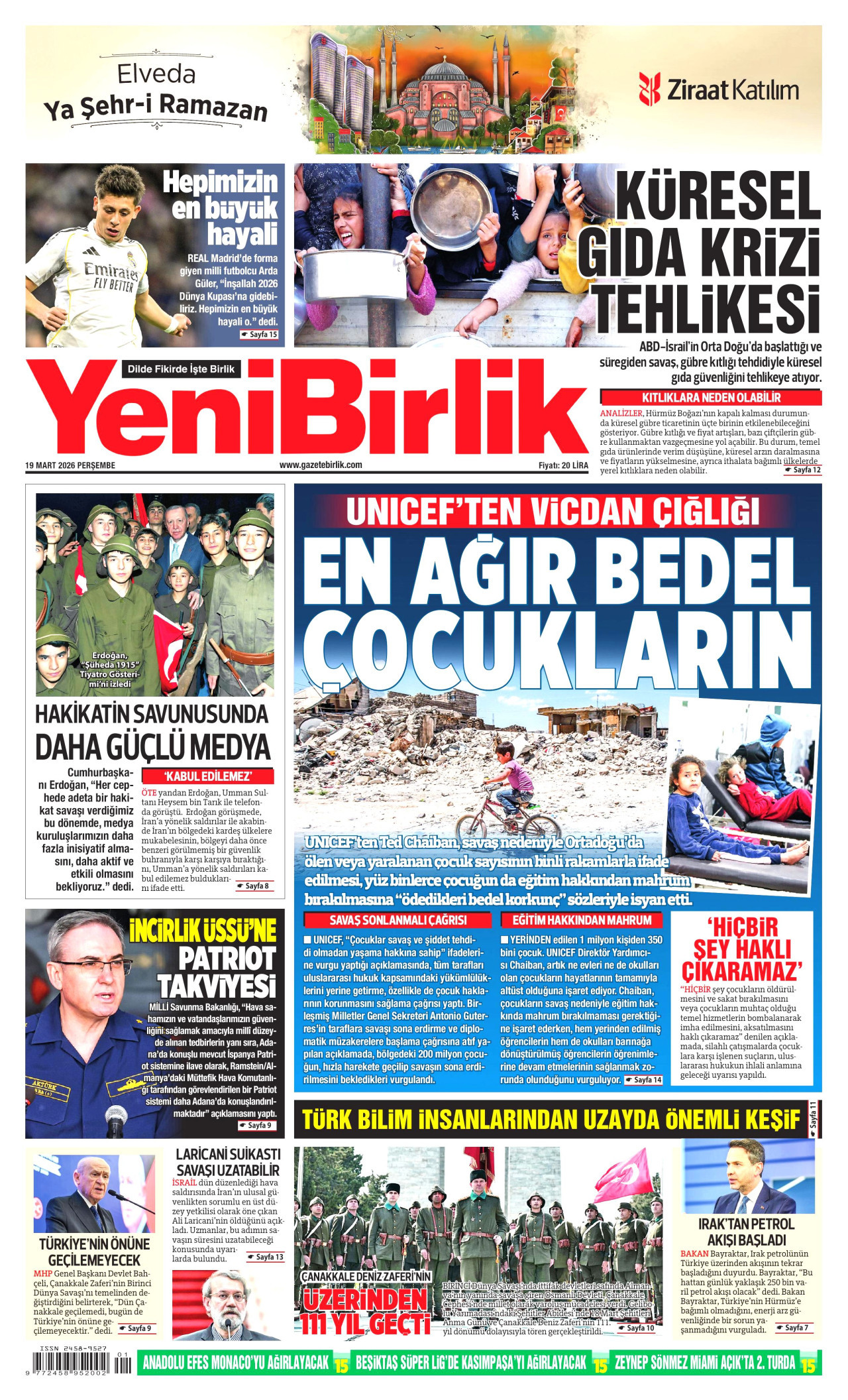 YENİBİRLİK gazetesinin 19 Mart 2026 tarihli birinci sayfası