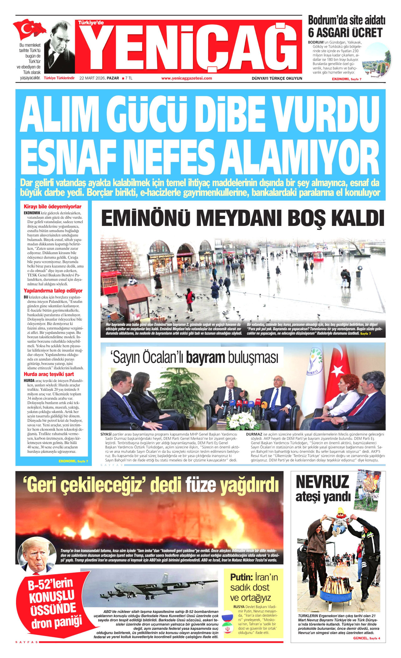 YENİÇAĞ gazetesinin 22 Mart 2026 tarihli birinci sayfası