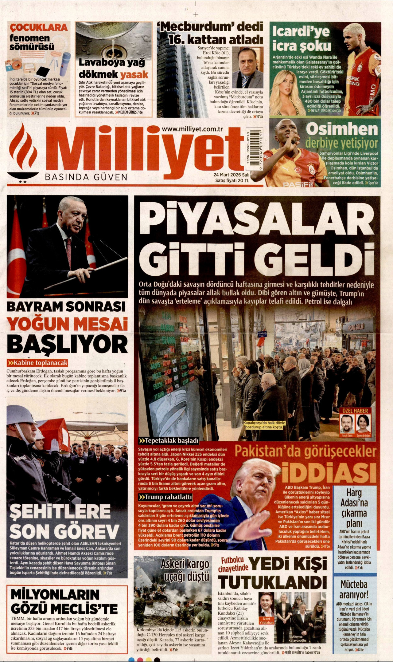 MİLLİYET gazetesinin 24 Mart 2026 tarihli birinci sayfası