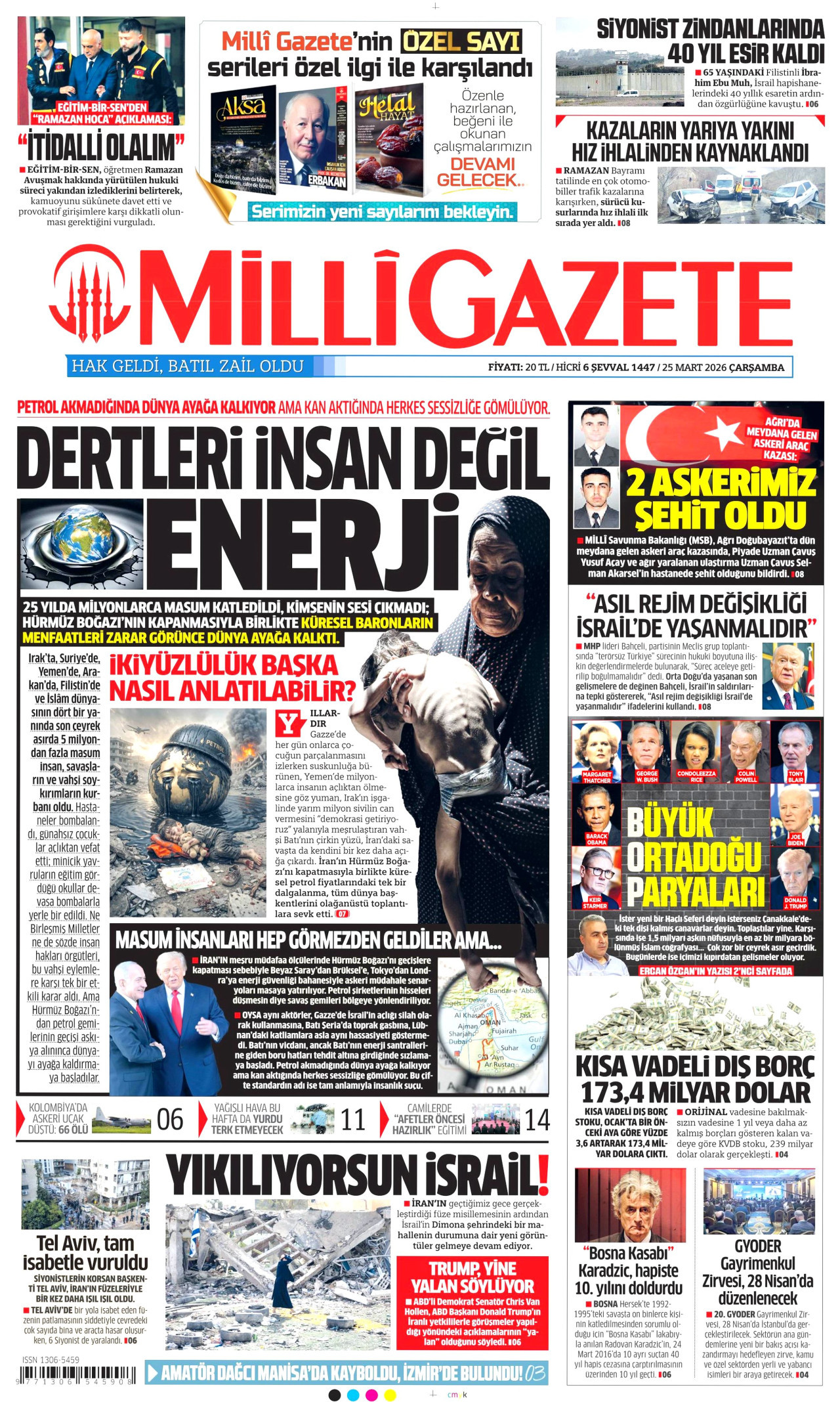 MİLLİ GAZETE gazetesinin 25 Mart 2026 tarihli birinci sayfası