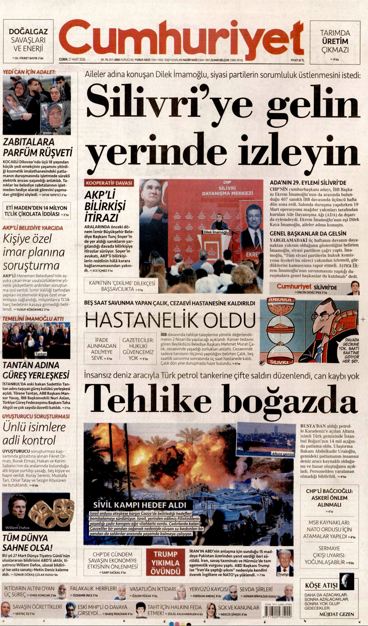 CUMHURİYET gazetesinin 27 Mart 2026 tarihli birinci sayfası