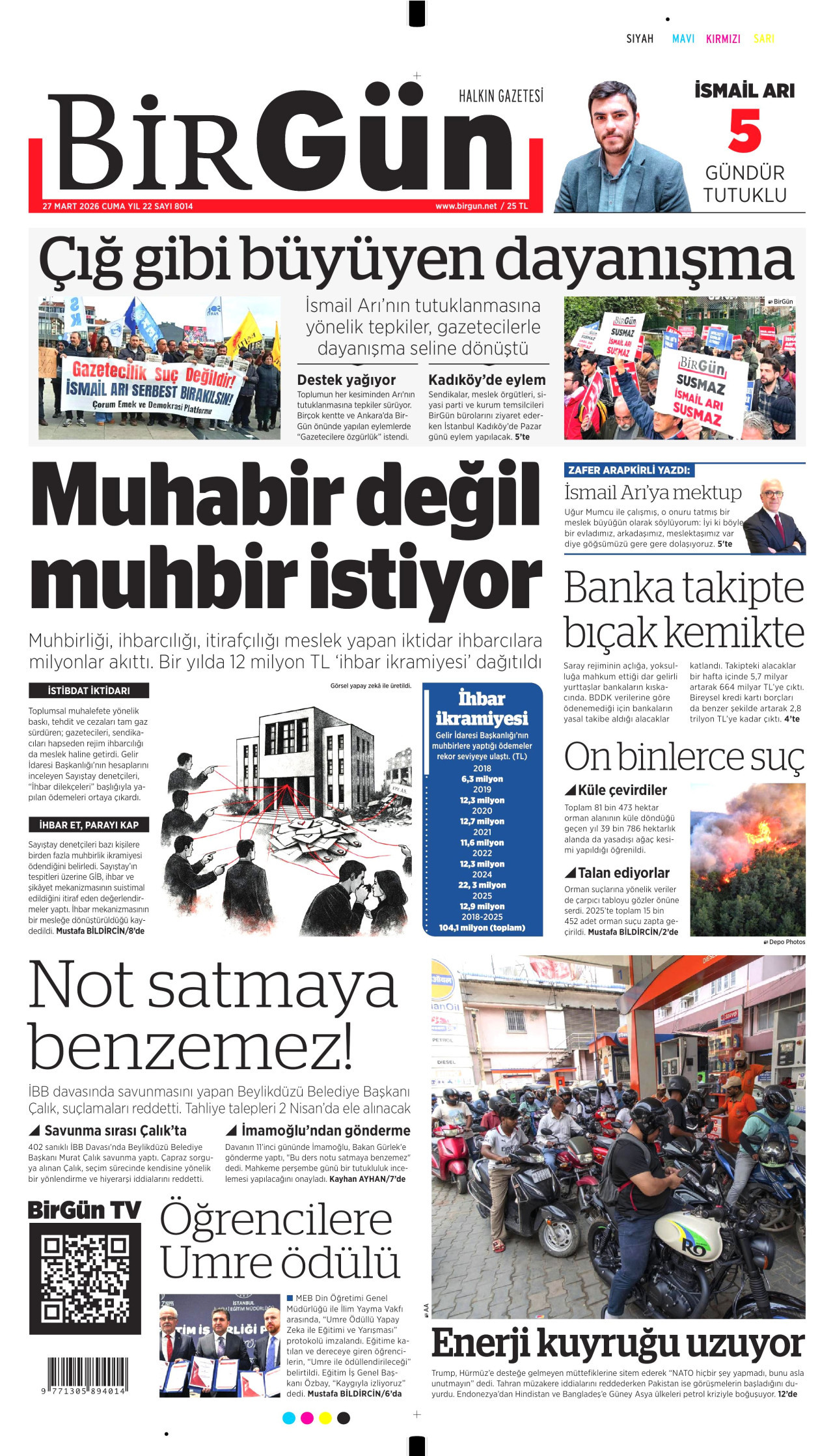 BİRGÜN gazetesinin 27 Mart 2026 tarihli birinci sayfası