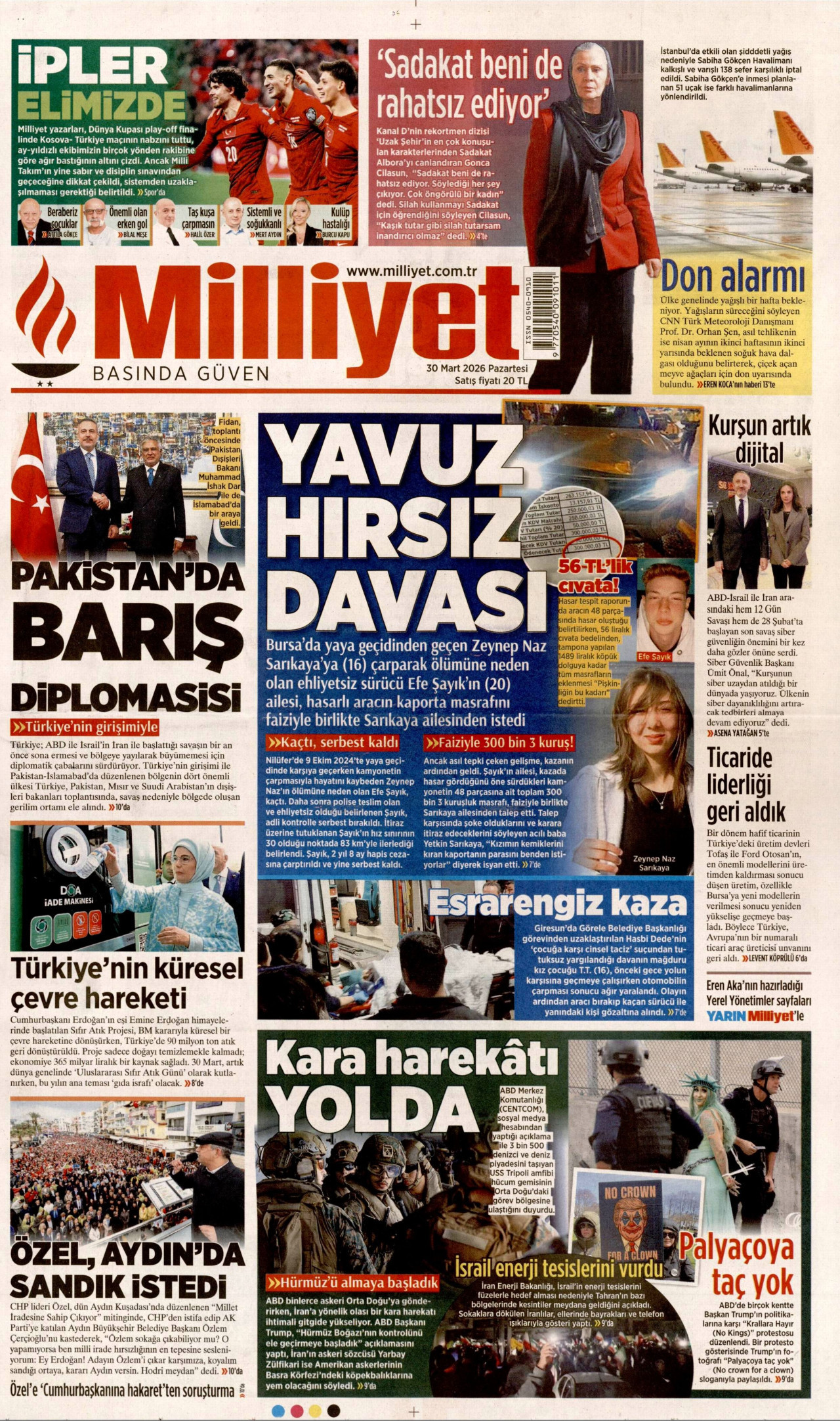 MİLLİYET gazetesinin 30 Mart 2026 tarihli birinci sayfası