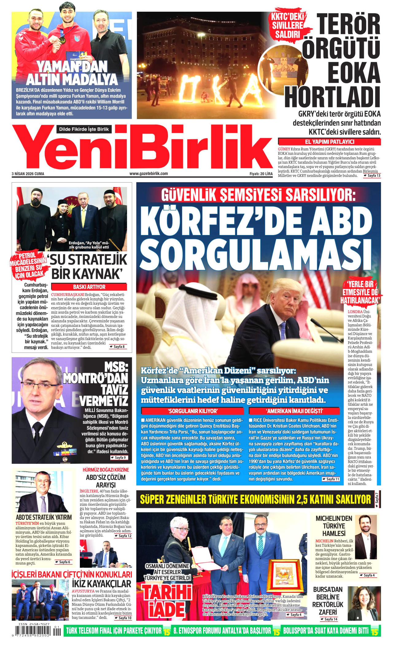 YENİBİRLİK gazetesinin 3 Nisan 2026 tarihli birinci sayfası
