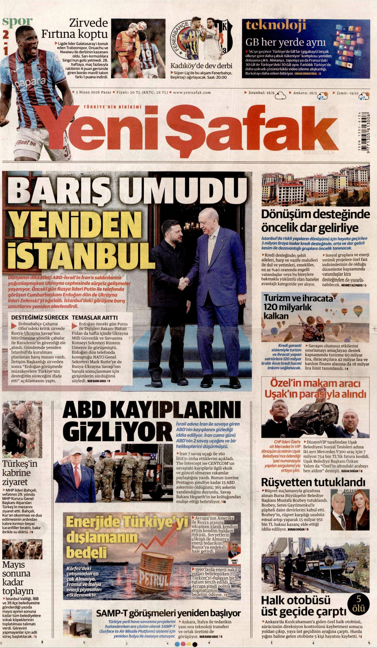 YENİ ŞAFAK gazetesinin 5 Nisan 2026 tarihli birinci sayfası