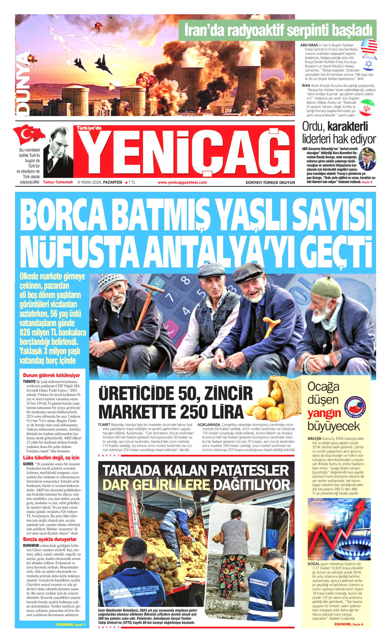 YENİÇAĞ gazetesinin 6 Nisan 2026 tarihli birinci sayfası