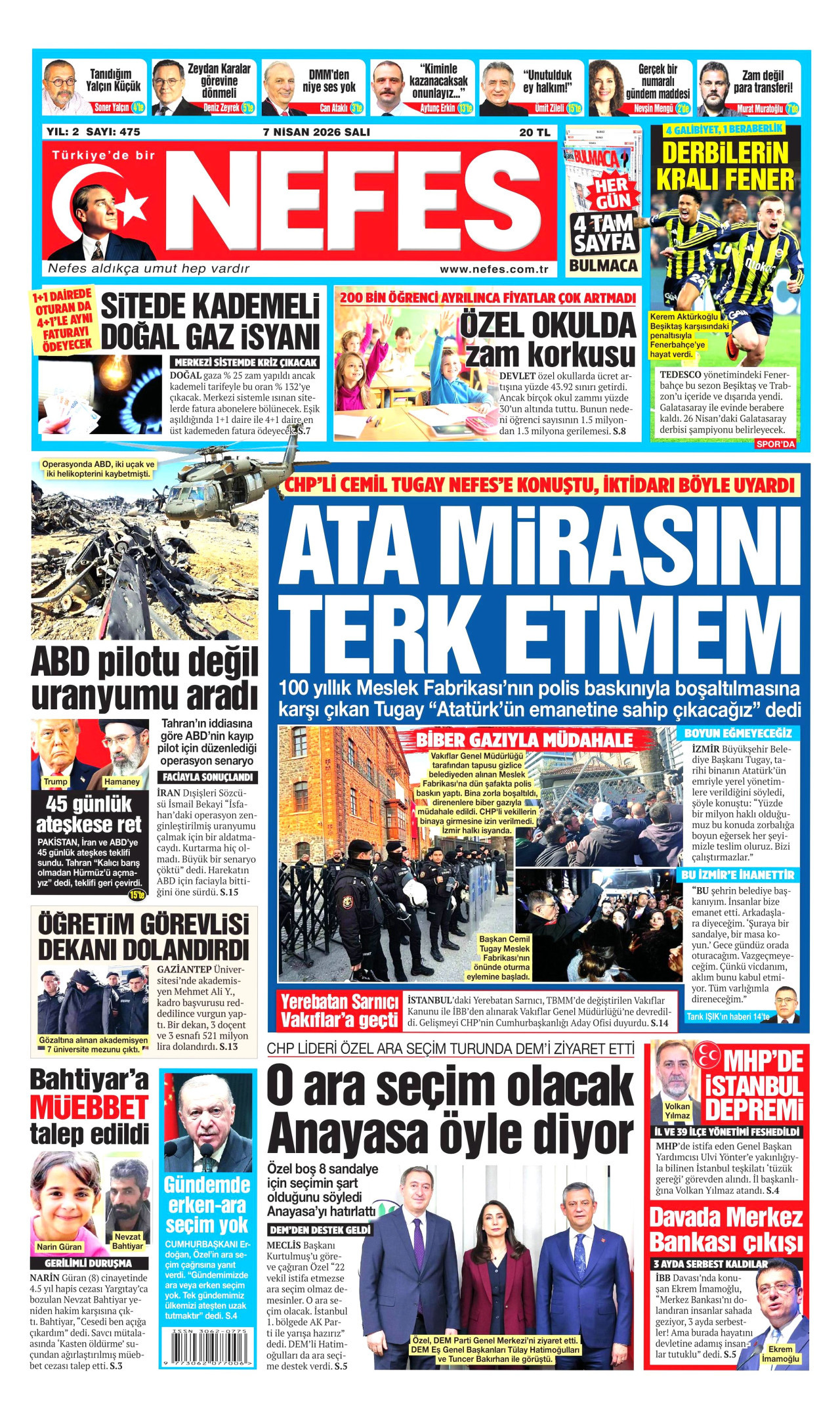NEFES gazetesinin 7 Nisan 2026 tarihli birinci sayfası