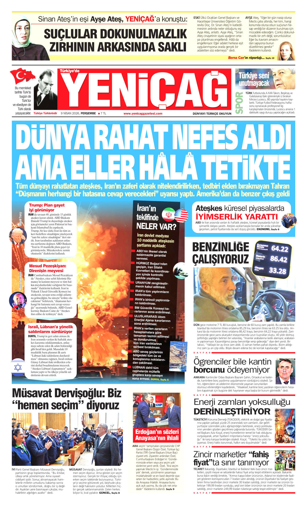 YENİÇAĞ gazetesinin 9 Nisan 2026 tarihli birinci sayfası