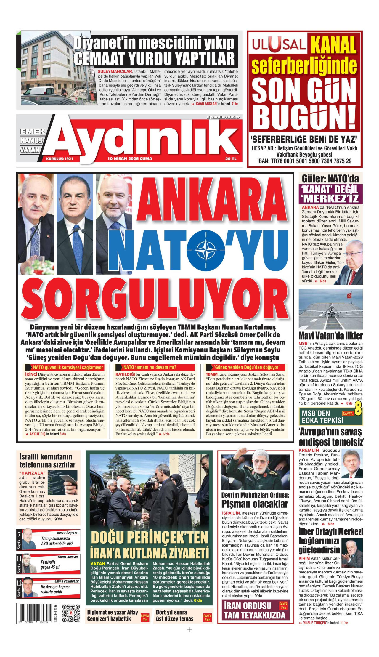 AYDINLIK GAZETESİ gazetesinin 10 Nisan 2026 tarihli birinci sayfası