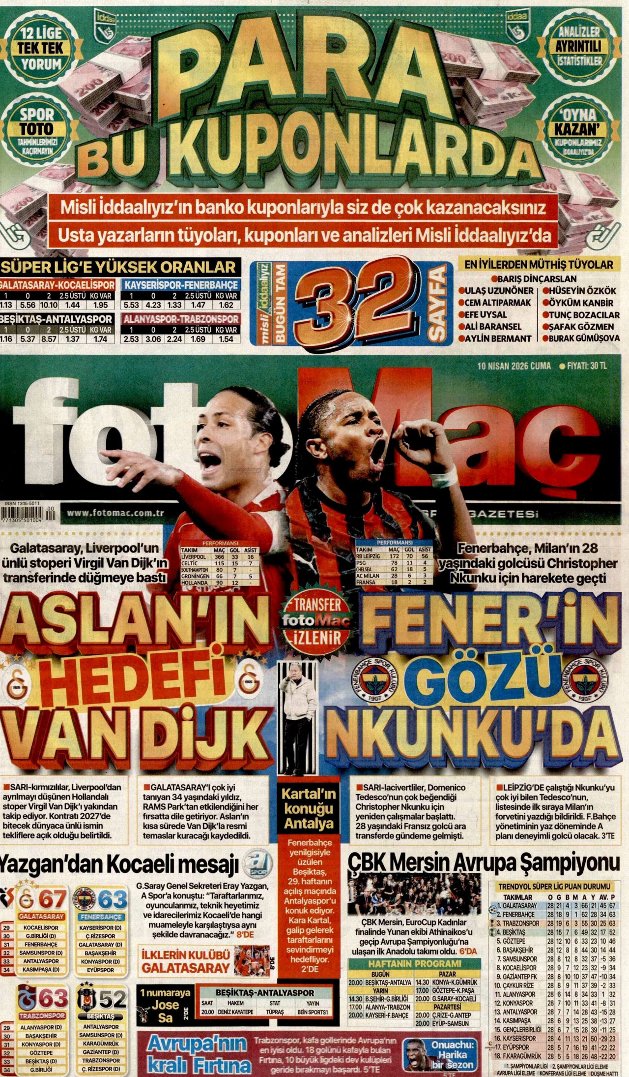 FOTOMAÇ gazetesinin 10 Nisan 2026 tarihli birinci sayfası