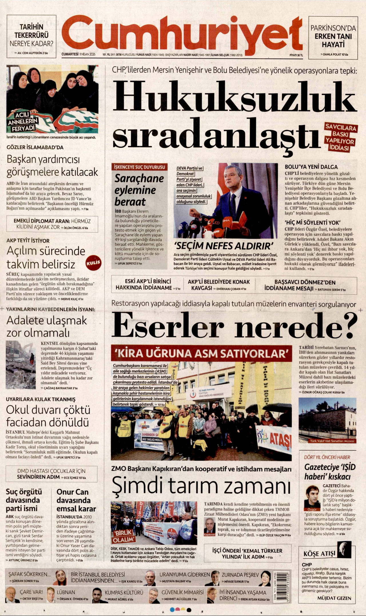 CUMHURİYET gazetesinin 11 Nisan 2026 tarihli birinci sayfası