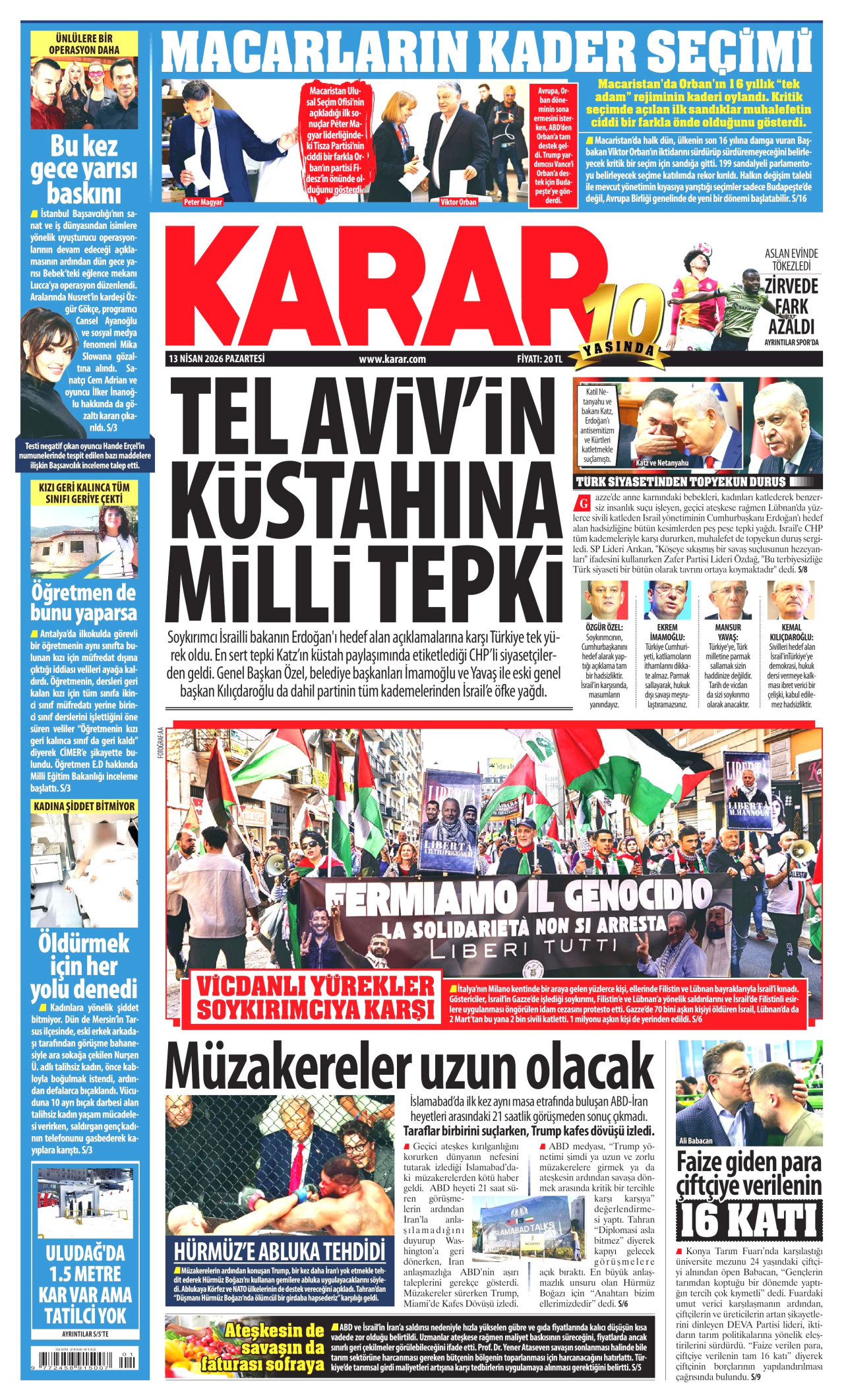 KARAR gazetesinin 13 Nisan 2026 tarihli birinci sayfası
