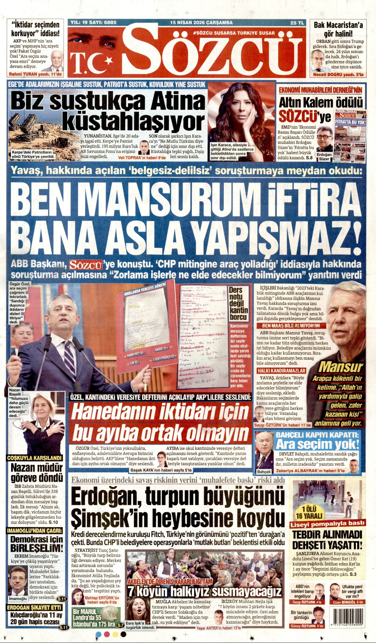 SÖZCÜ gazetesinin 15 Nisan 2026 tarihli birinci sayfası