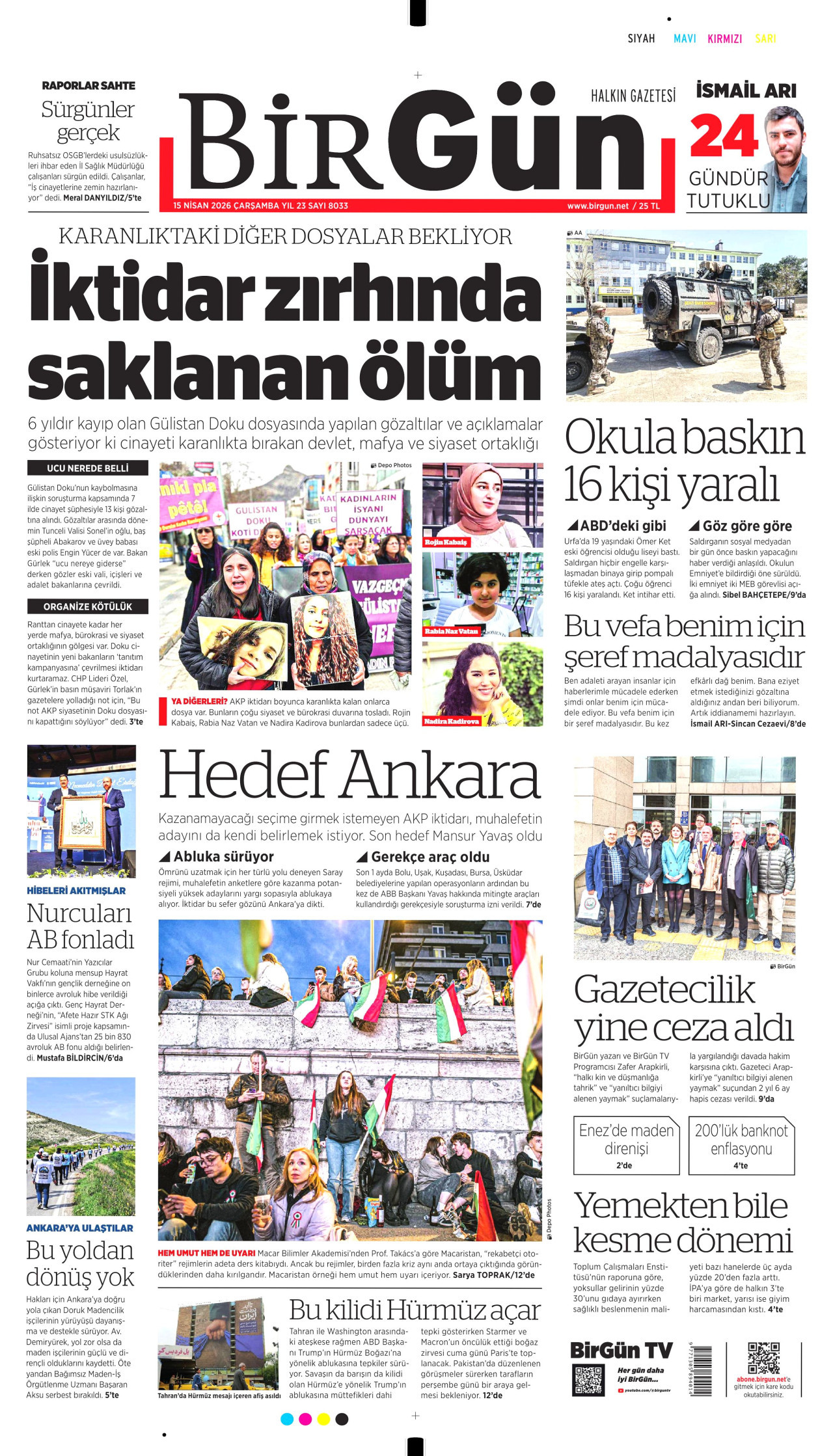 BİRGÜN gazetesinin 15 Nisan 2026 tarihli birinci sayfası