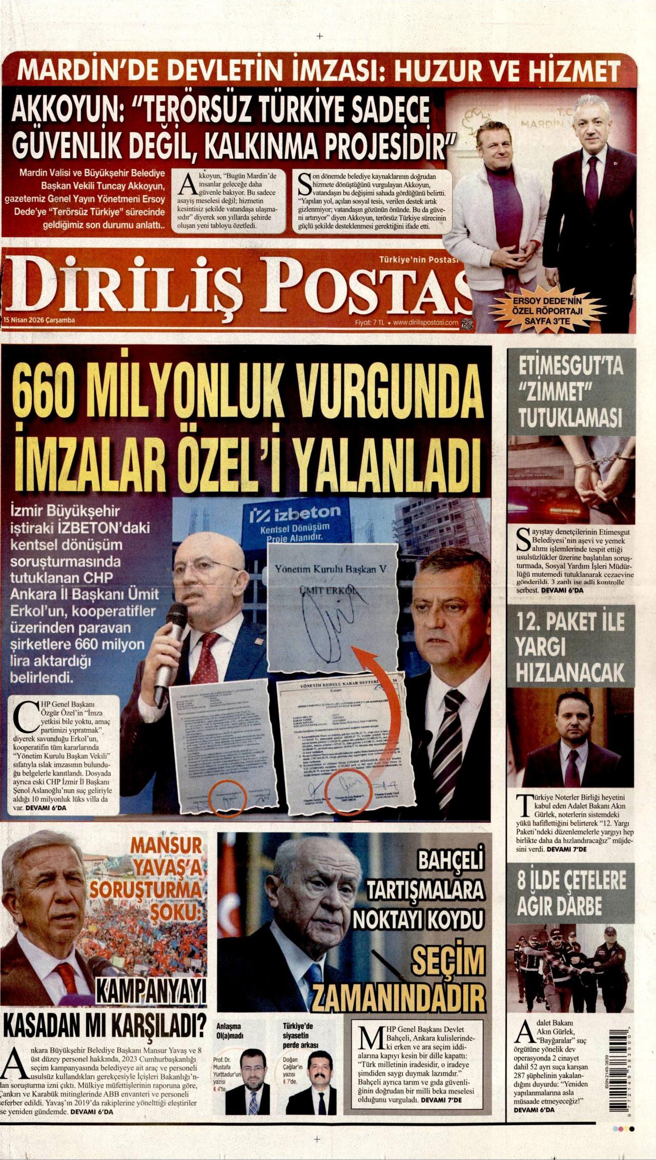 DİRİLİŞ POSTASI gazetesinin 15 Nisan 2026 tarihli birinci sayfası