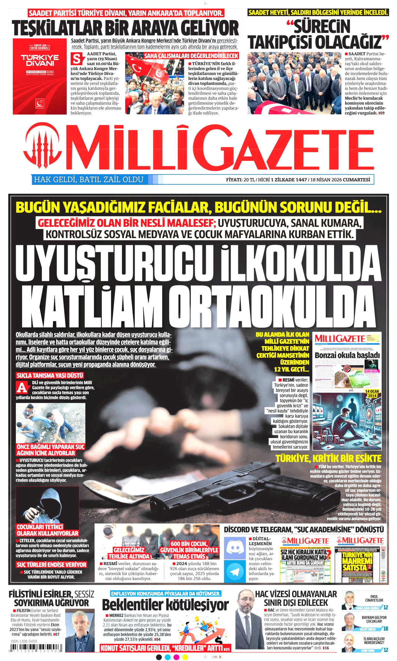 MİLLİ GAZETE gazetesinin 18 Nisan 2026 tarihli birinci sayfası