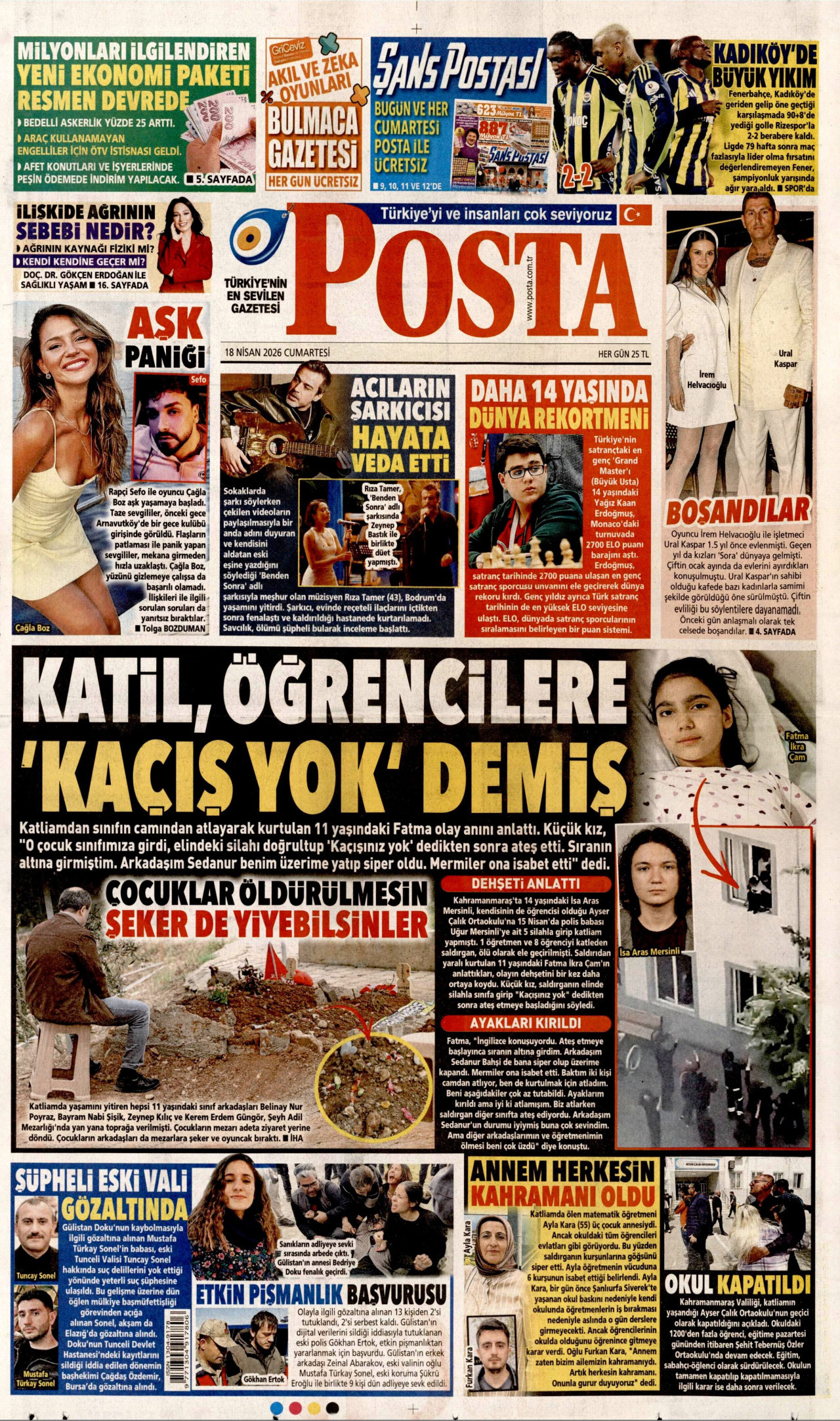POSTA gazetesinin 18 Nisan 2026 tarihli birinci sayfası