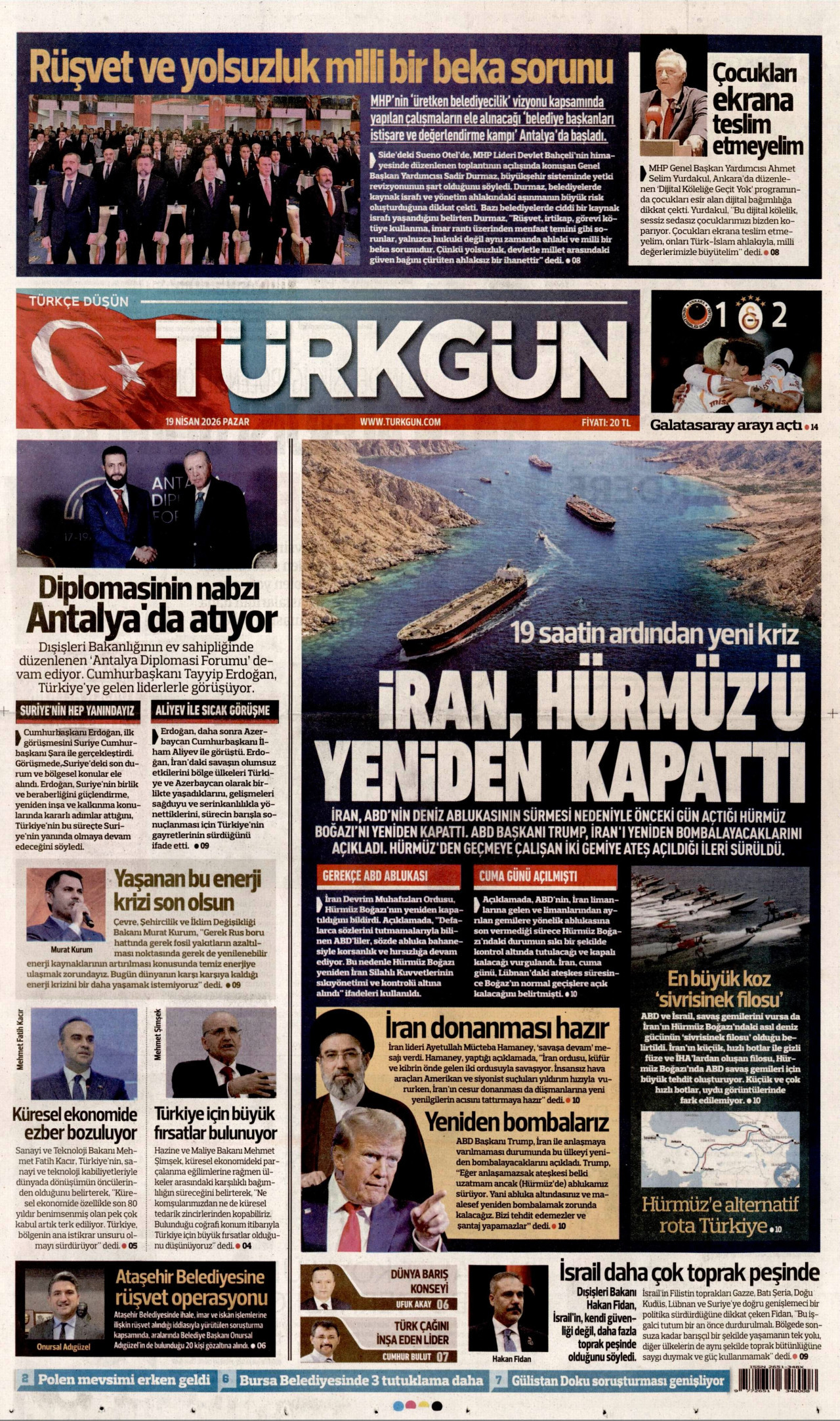 TÜRKGÜN gazetesinin 19 Nisan 2026 tarihli birinci sayfası