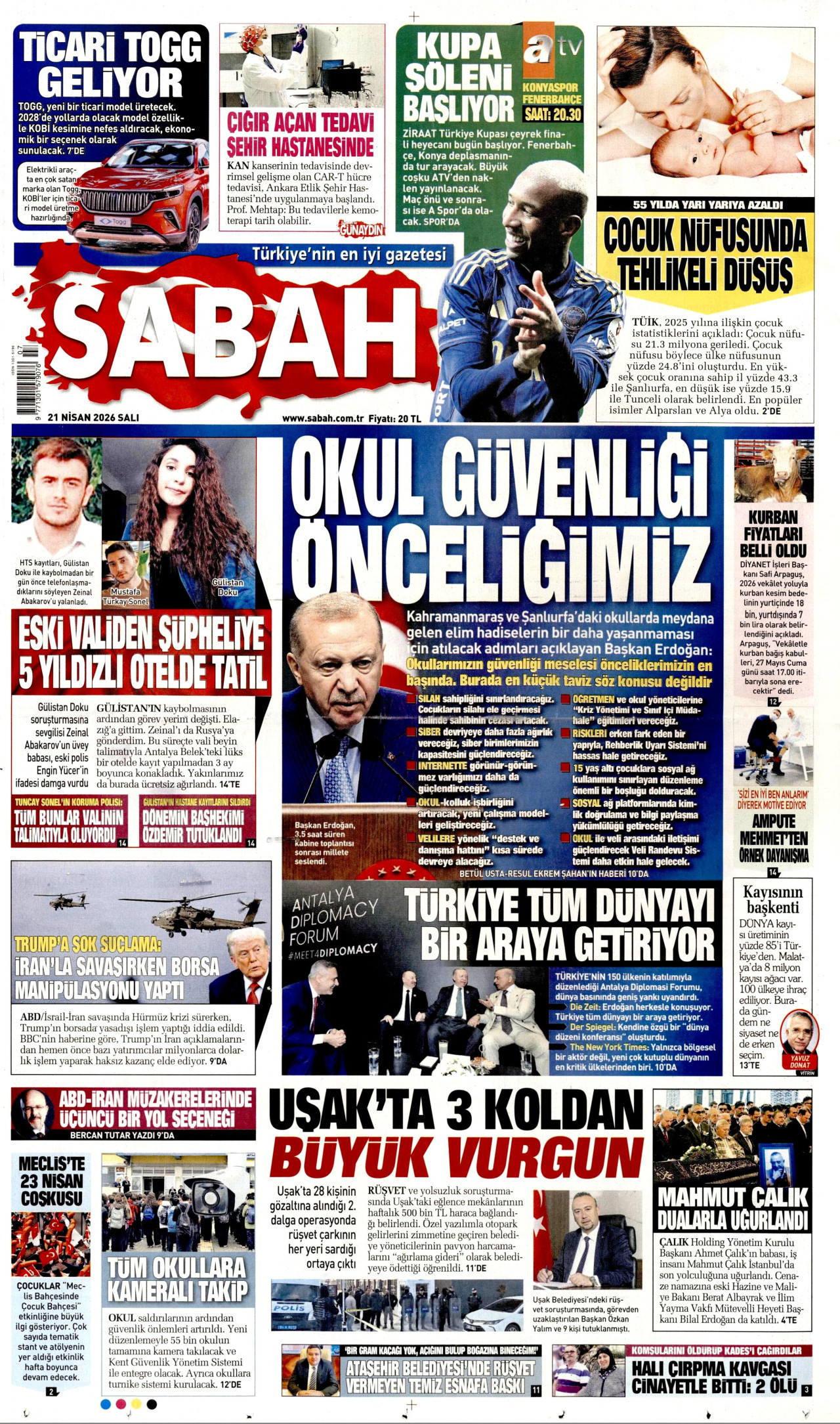 SABAH gazetesinin 21 Nisan 2026 tarihli birinci sayfası