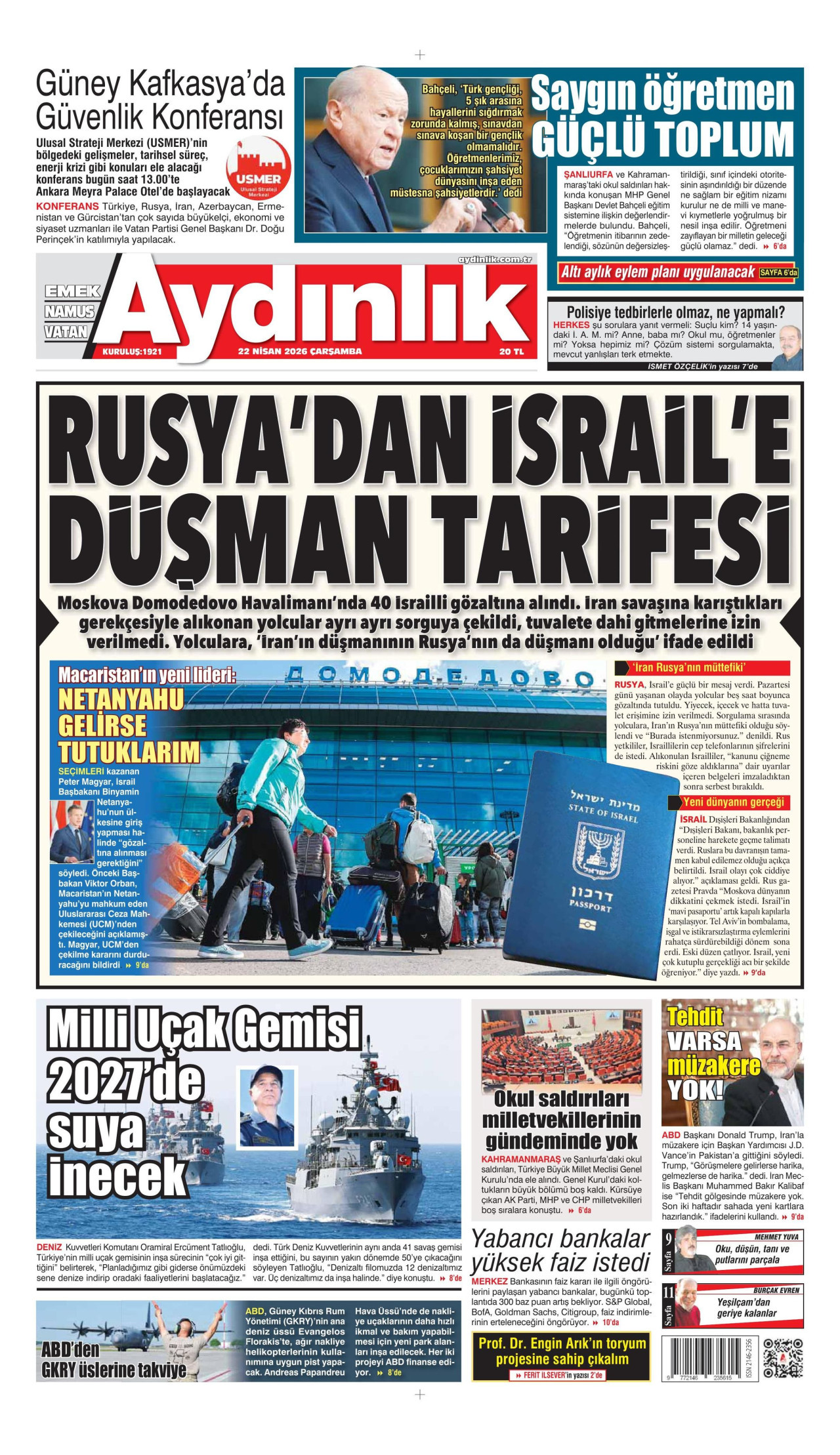 AYDINLIK GAZETESİ gazetesinin 22 Nisan 2026 tarihli birinci sayfası