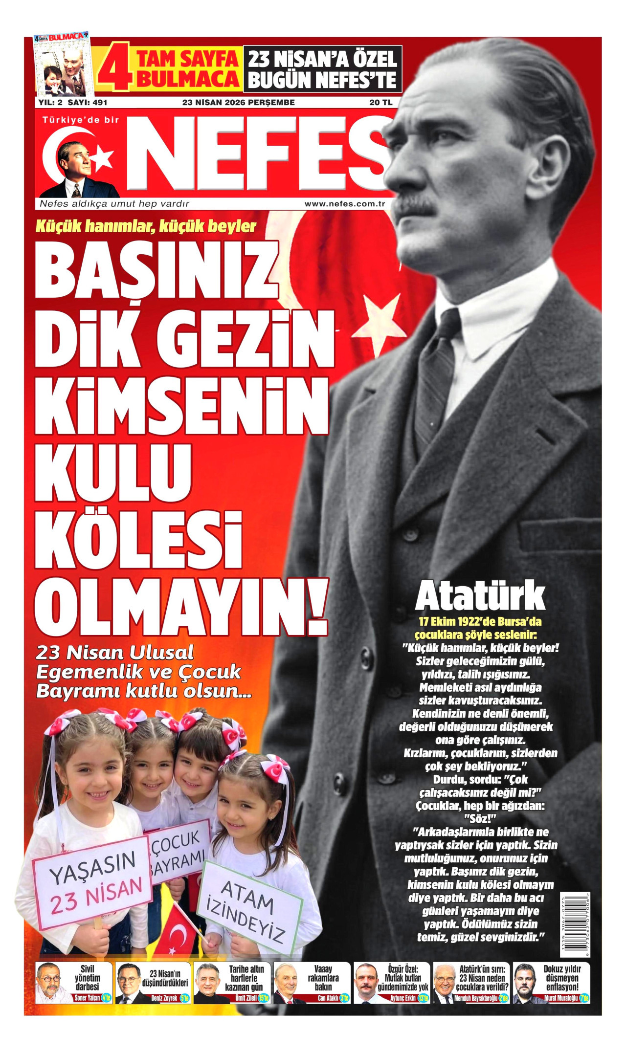 NEFES gazetesinin 23 Nisan 2026 tarihli birinci sayfası