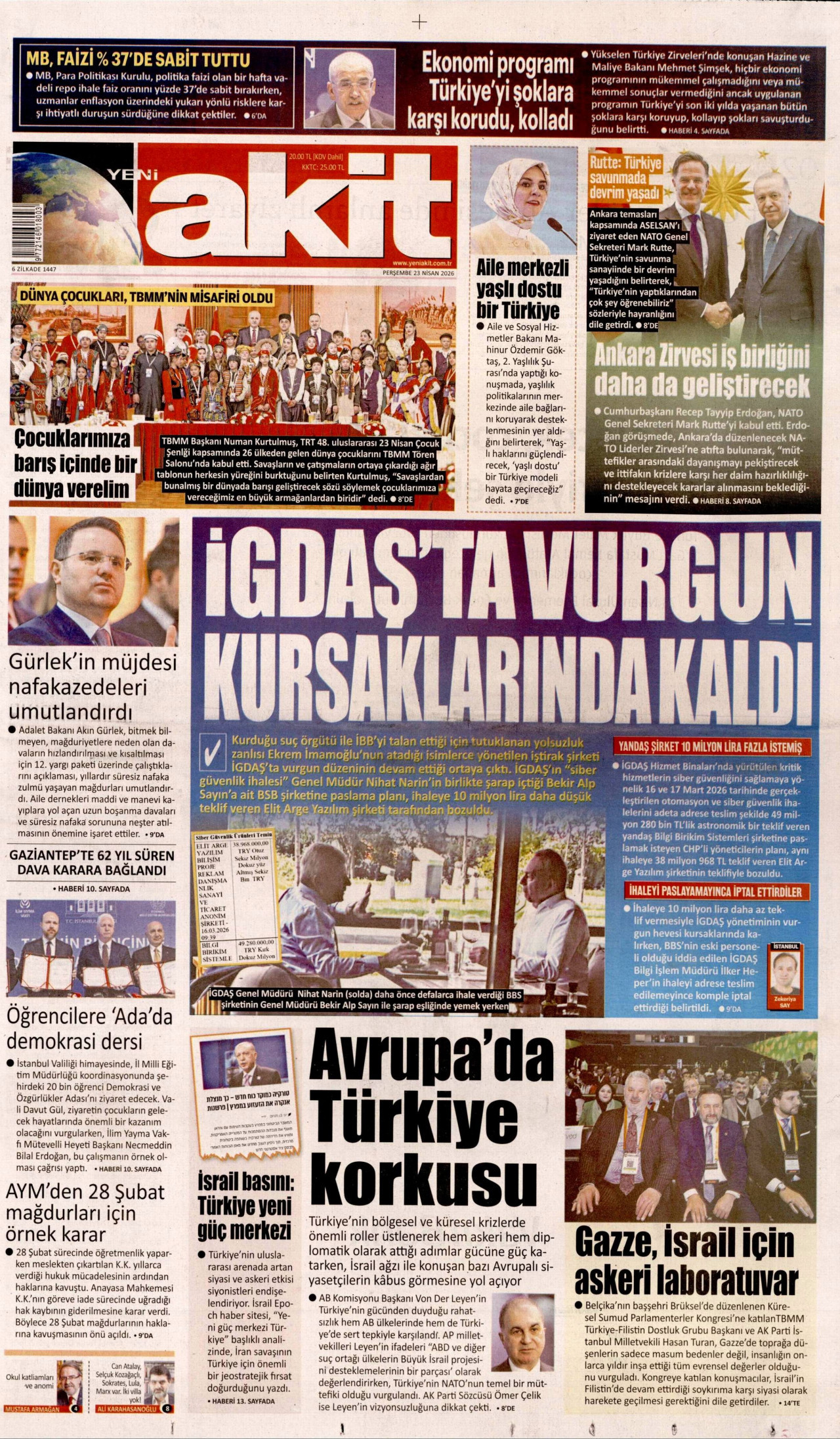 YENİ AKİT gazetesinin 23 Nisan 2026 tarihli birinci sayfası