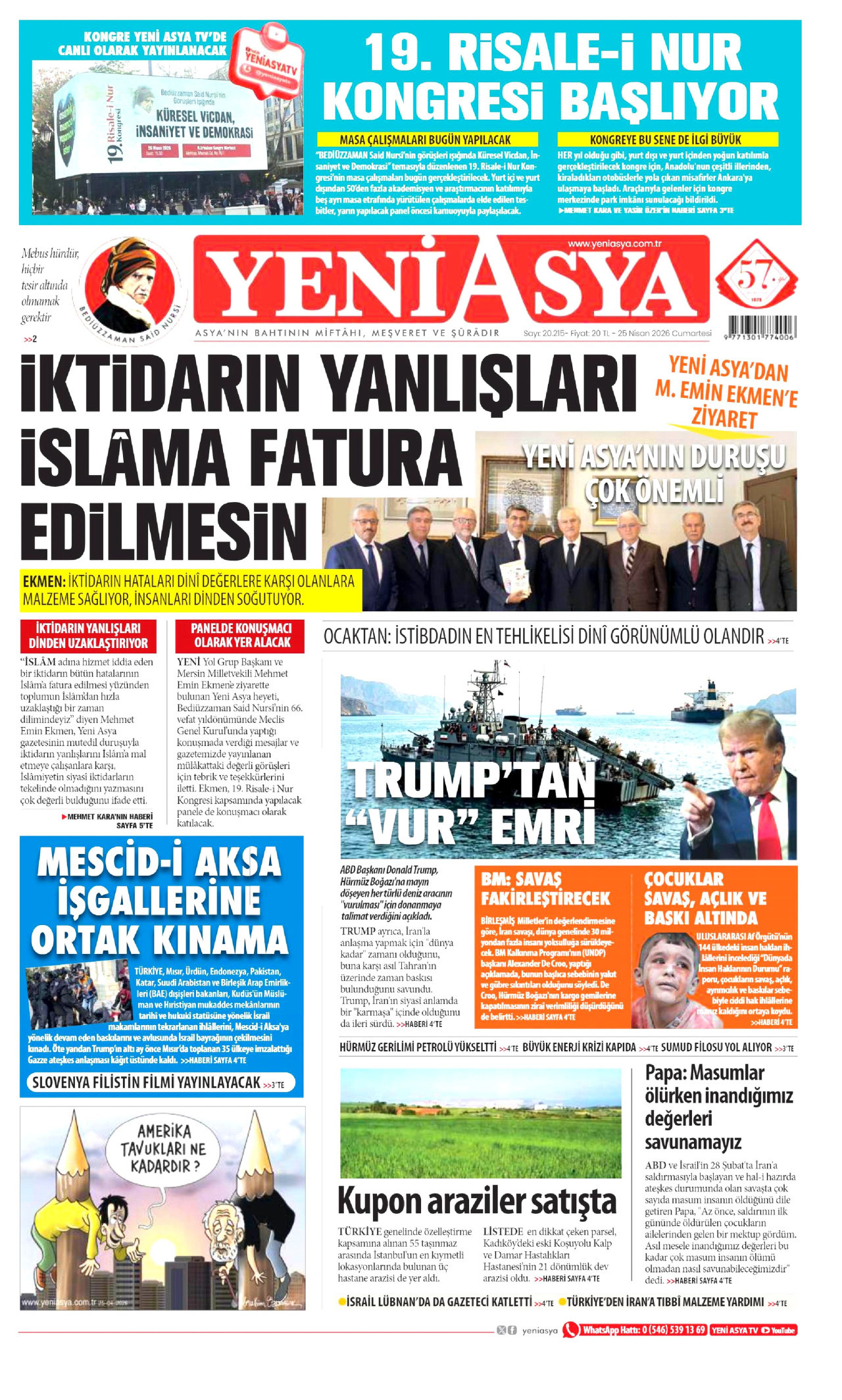 YENİ ASYA gazetesinin 25 Nisan 2026 tarihli birinci sayfası