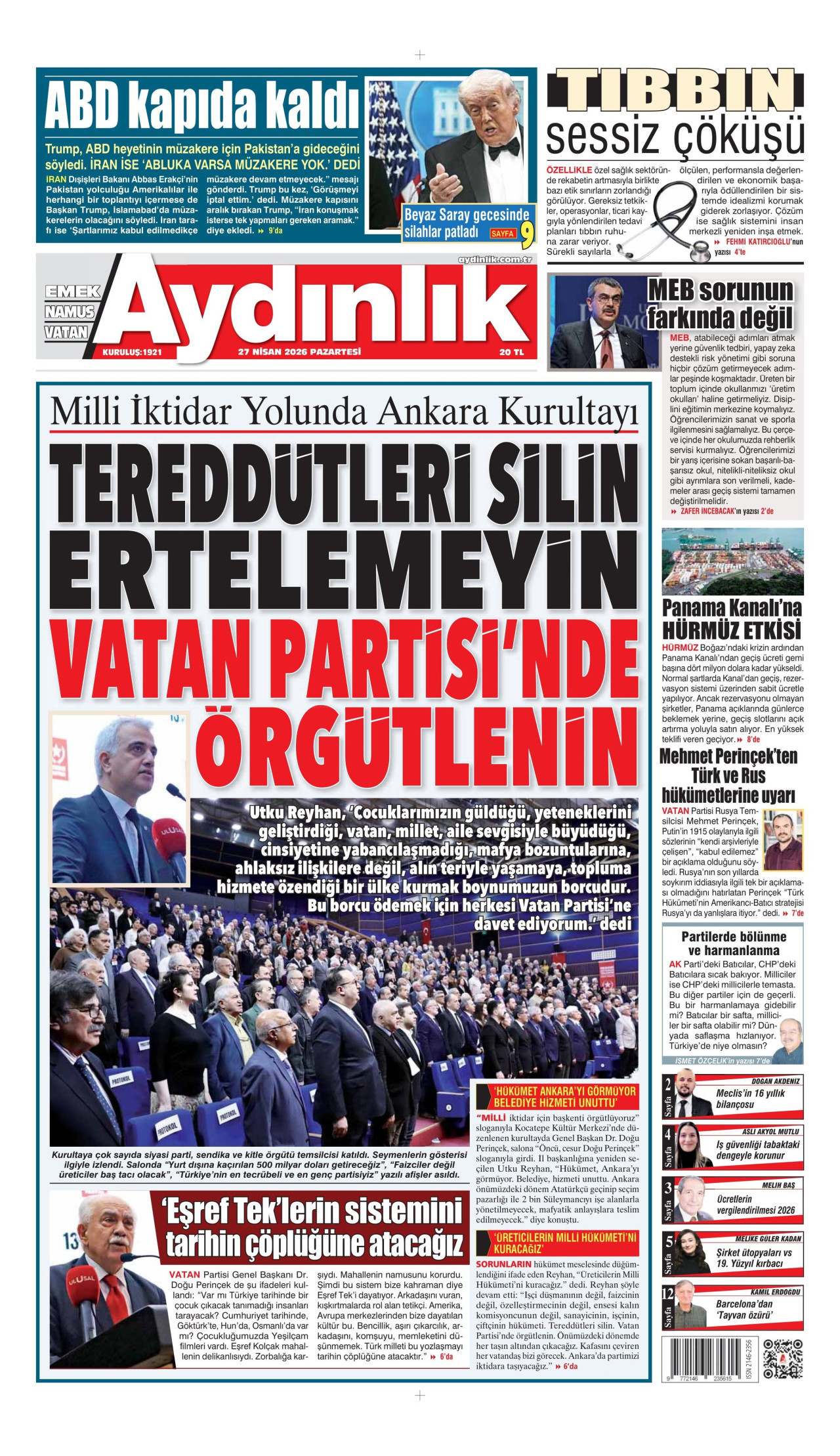 AYDINLIK GAZETESİ gazetesinin 27 Nisan 2026 tarihli birinci sayfası