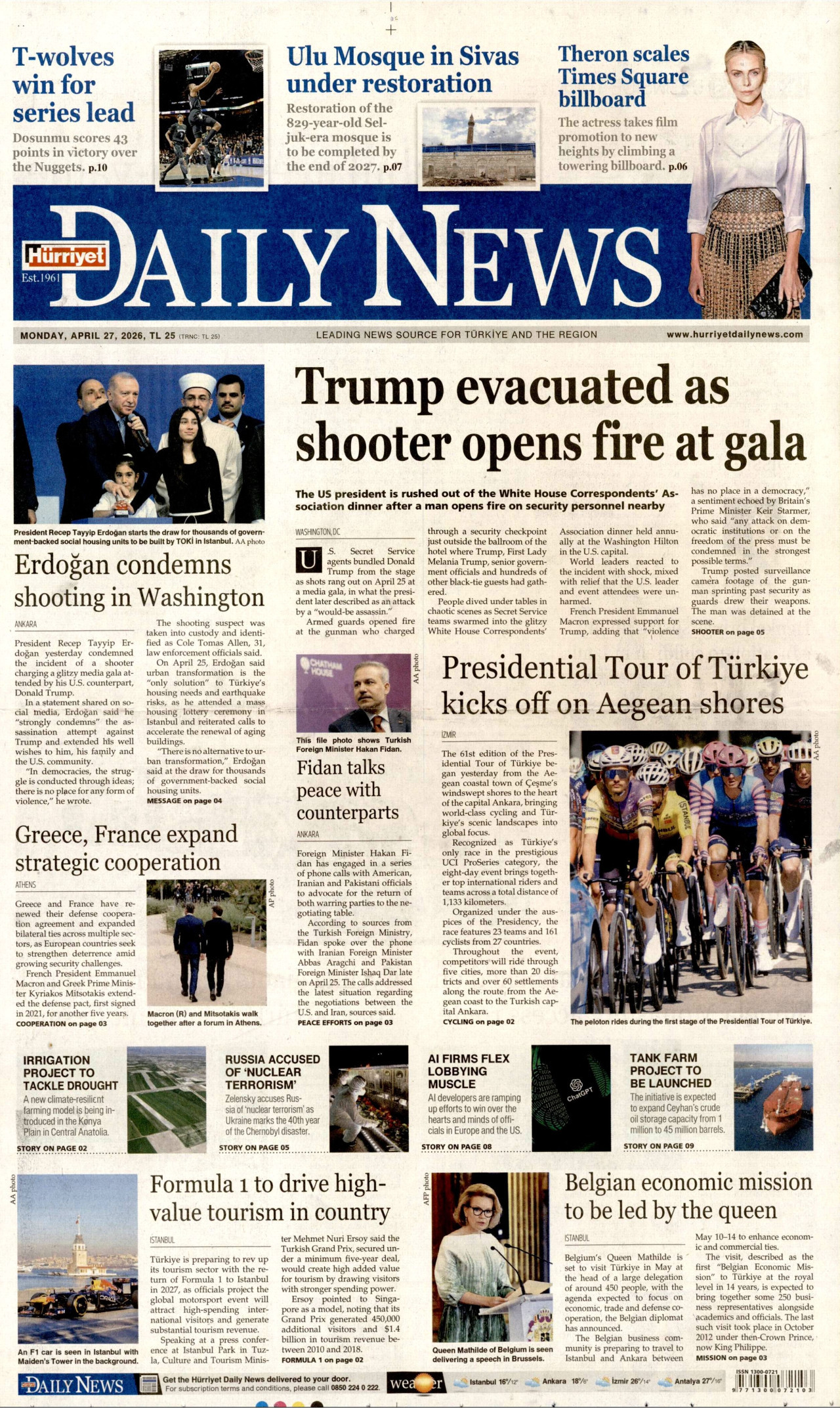 HÜRRİYET DAİLY NEWS gazetesinin 27 Nisan 2026 tarihli birinci sayfası