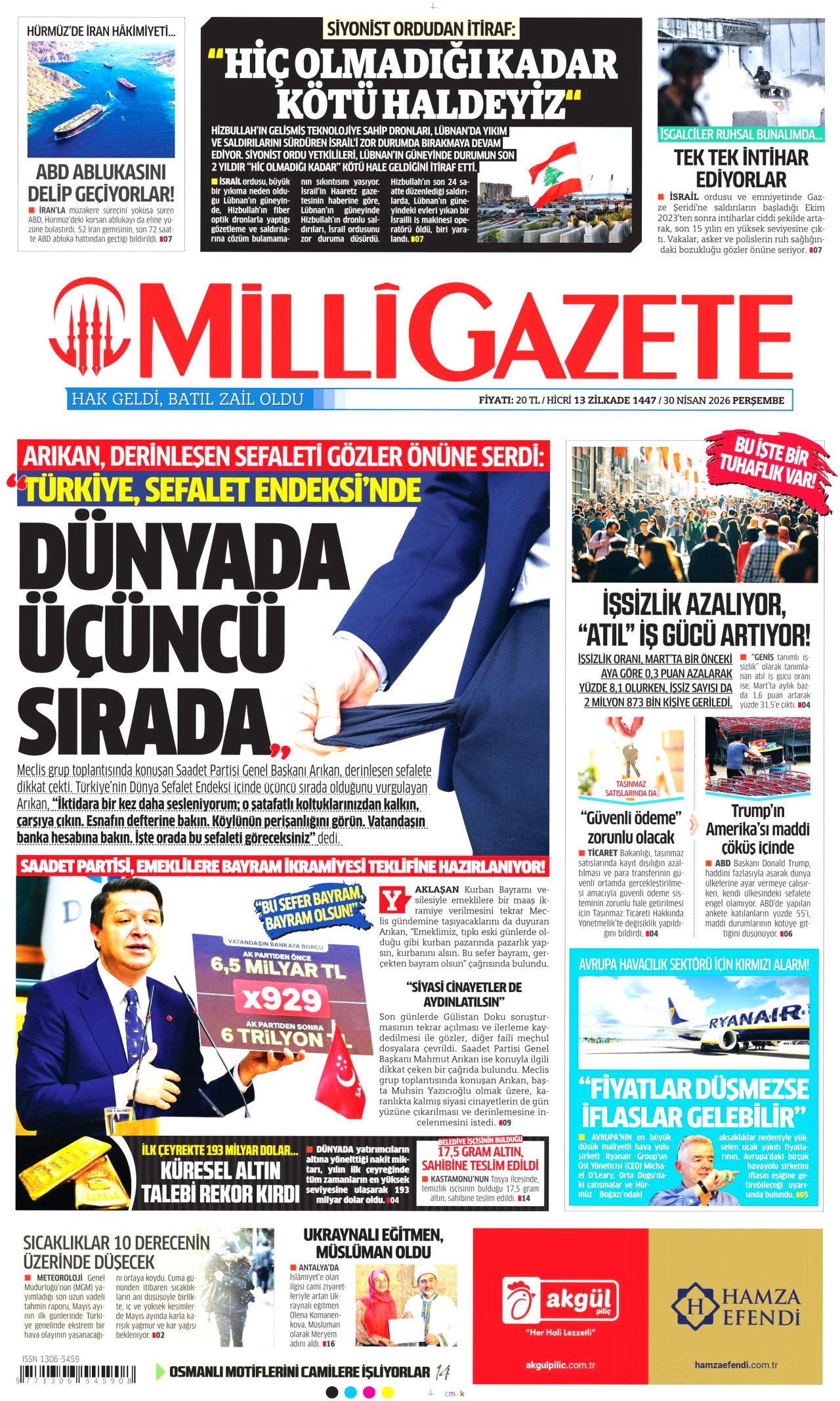 MİLLİ GAZETE gazetesinin 30 Nisan 2026 tarihli birinci sayfası