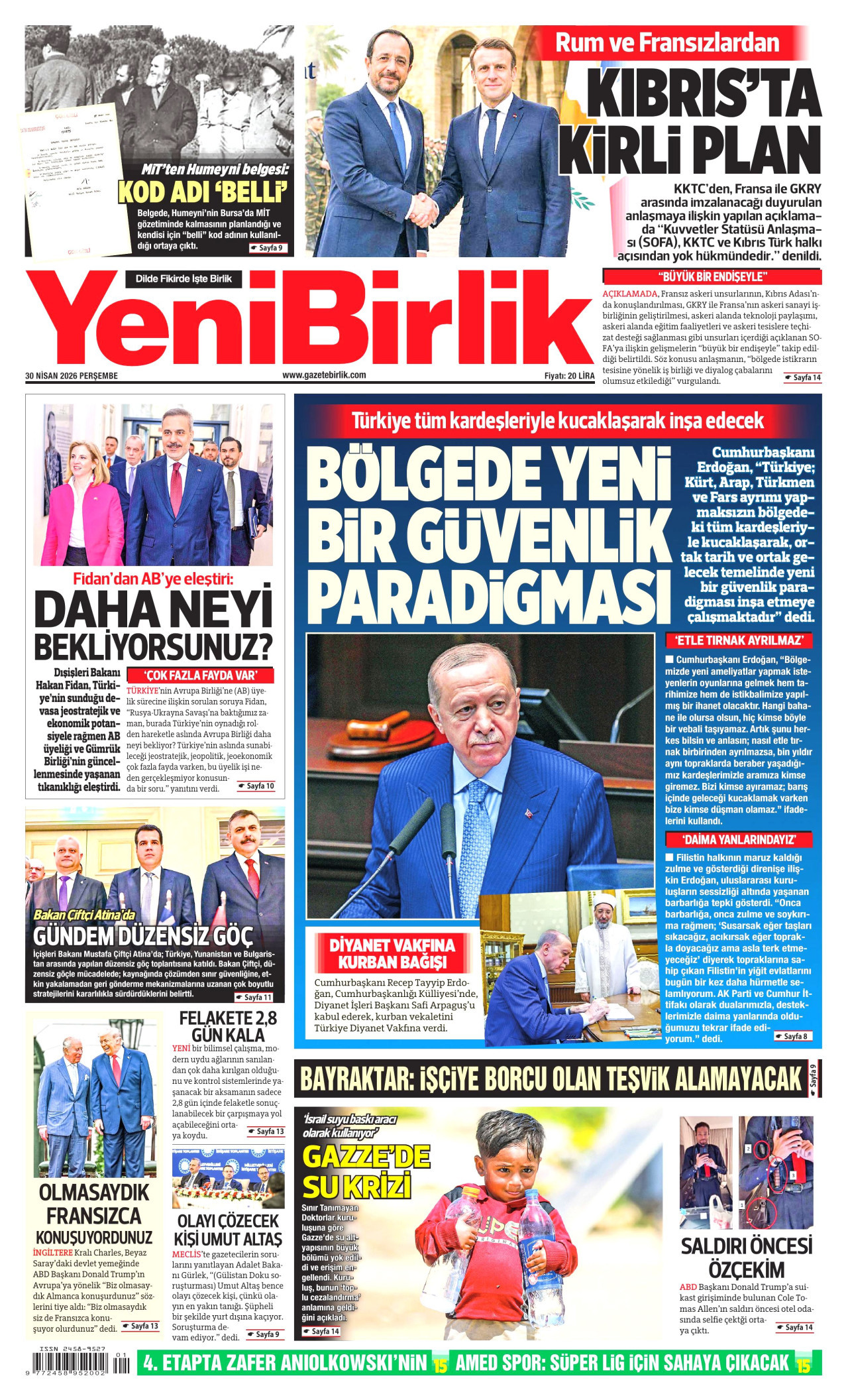 YENİBİRLİK gazetesinin 30 Nisan 2026 tarihli birinci sayfası