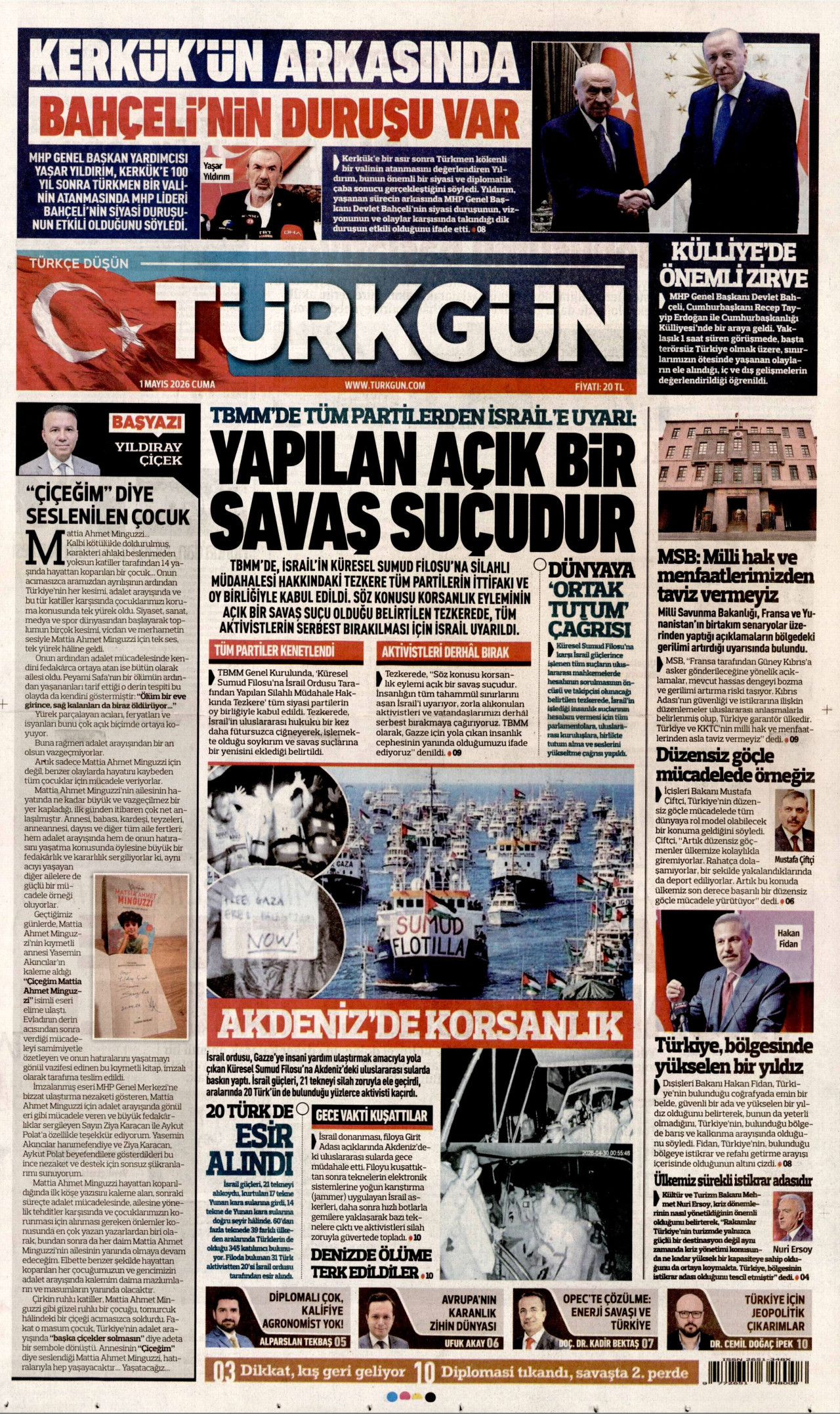 TÜRKGÜN gazetesinin 1 Mayıs 2026 tarihli birinci sayfası
