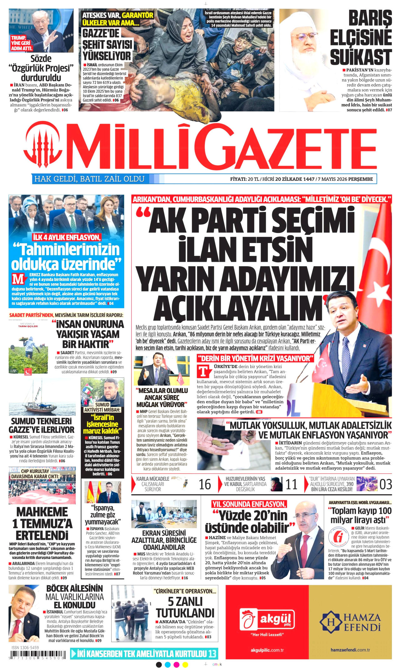 MİLLİ GAZETE gazetesinin 7 Mayıs 2026 tarihli birinci sayfası